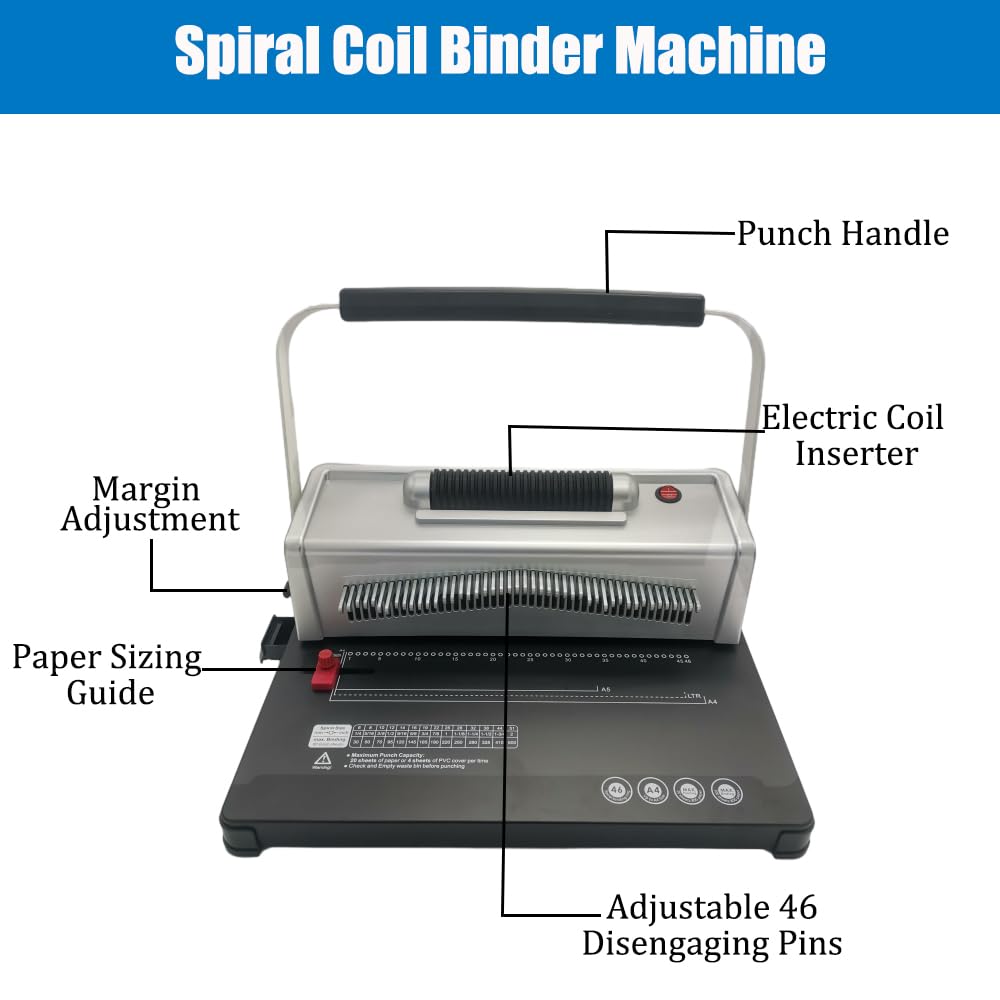 Electric Spiral Binding Machine with 46 Holes | Manual Round Hole Punch Book Binder | Adjustable Side Margin | Includes 100pcs Plastic Coils & Pliers | Perfect for Office Documents, School Projects & DIY Book Binding