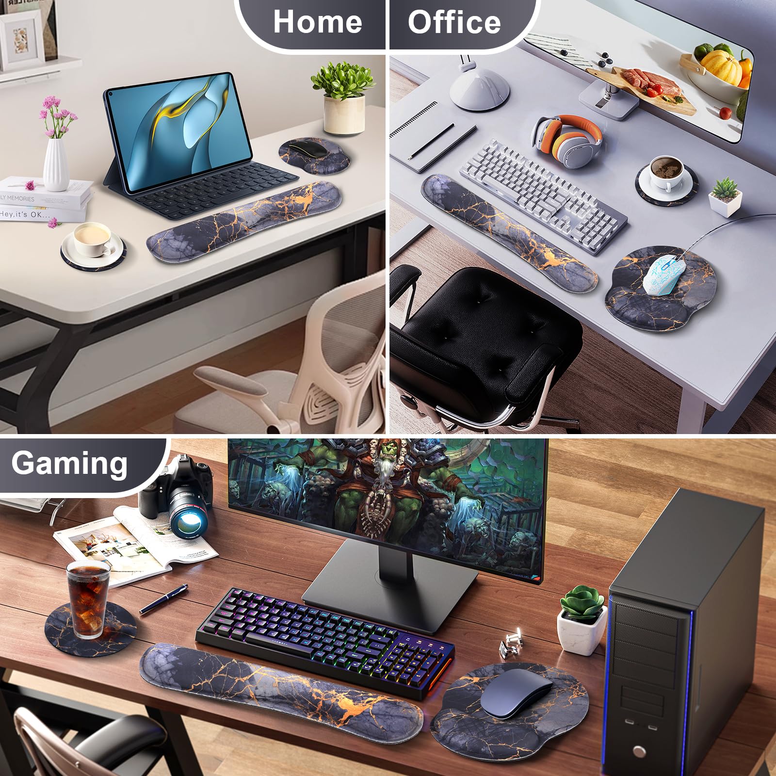 Ergonomic Mouse Pad and Keyboard Wrist Rest Set - Black Grey Orange Marble Design, Memory Foam Support for Wrist Pain Relief | Perfect for Office Work, Gaming & Long Computer Use