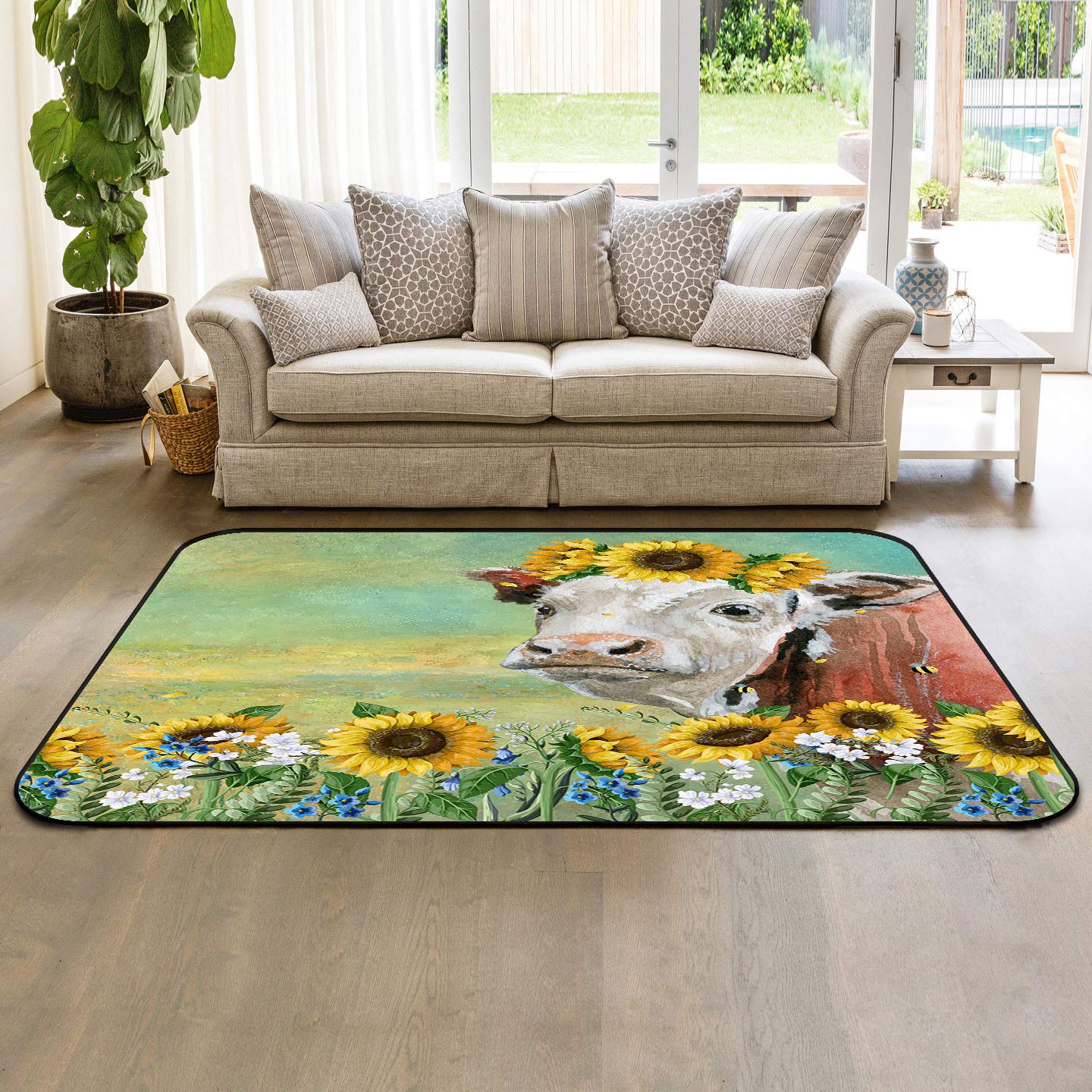 LooPoP Cow Sunflowers Non-Skid Washable Area Rug 4'x6' - Soft Farmhouse Decor for Bedroom, Nursery, Living Room & Kids Play Area - Perfect for Cozy Home, Baby Room & Farmhouse Style Interior