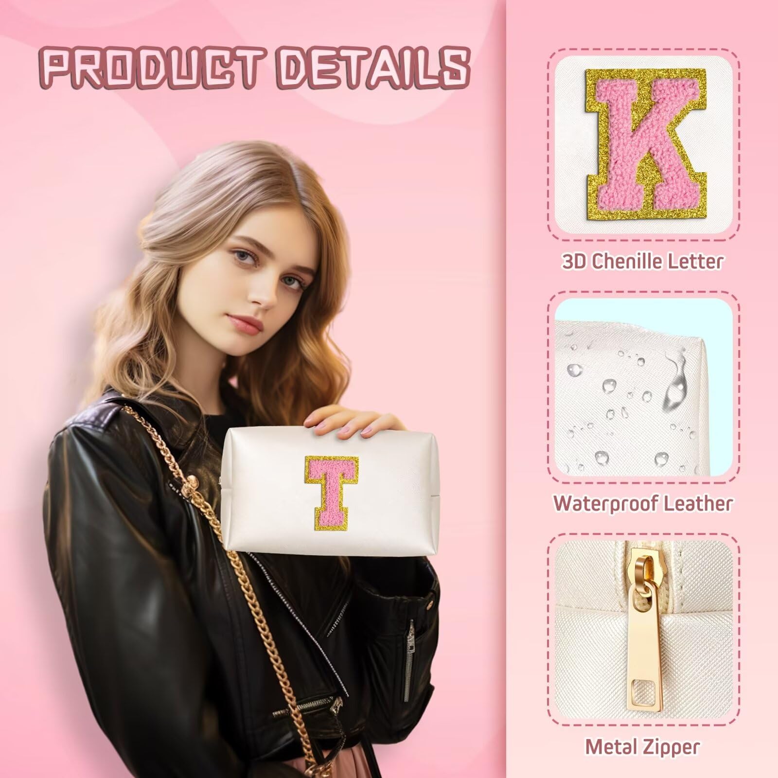 TOPEAST Personalized Initial Makeup Bag for Women & Girls - Cute Preppy Toiletry Travel Cosmetic Pouch - Best Birthday Easter Gifts for Teen Girls Kids (White A) - Perfect for Travel, School & Daily Beauty Essentials