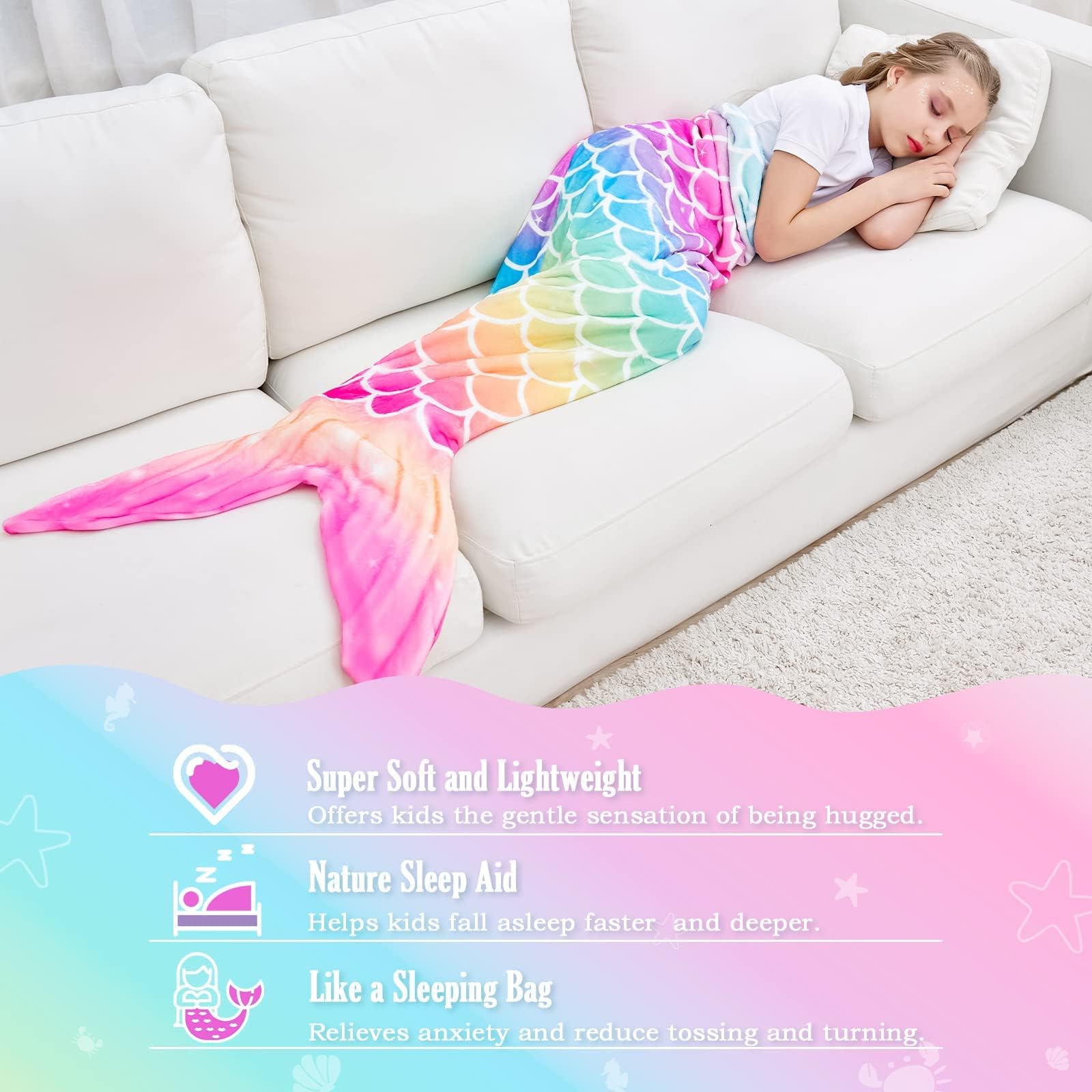 WERNNSAI Mermaid Tail Blanket for Girls & Teens - Soft Flannel Wearable Blanket, Cozy Sleeping Bag with Mermaid Scales, 55