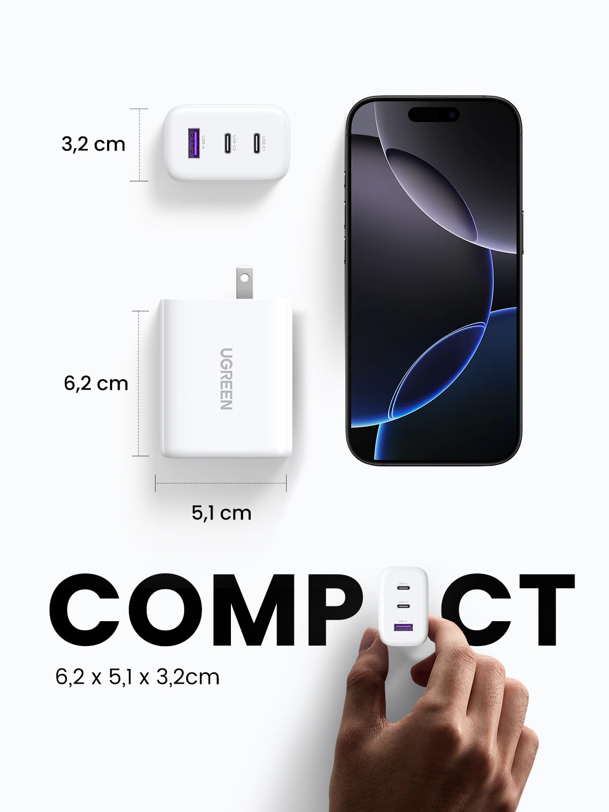 UGREEN 65W USB C Fast Charger - 3 Port Compact Foldable Wall Charger for MacBook Pro/Air, iPhone 16/15/14, iPad Pro, Dell XPS, Steam Deck, Galaxy S24, Pixel 8/7 - Perfect for Travel, Office & Home Charging