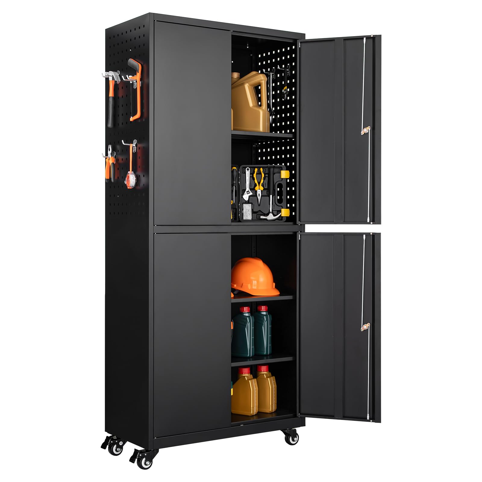 Heavy Duty Metal Storage Cabinet - Adjustable Shelves, Lockable Doors & Pegboard for Garage Tool Organization - Black | Perfect for Workshop, Garage & Home Storage