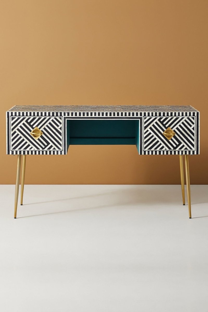 Handmade Black Optical Bone Inlay Writing Desk with Storage Drawers - Vintage Home Office Furniture for Laptop Work, Study & Crafting
