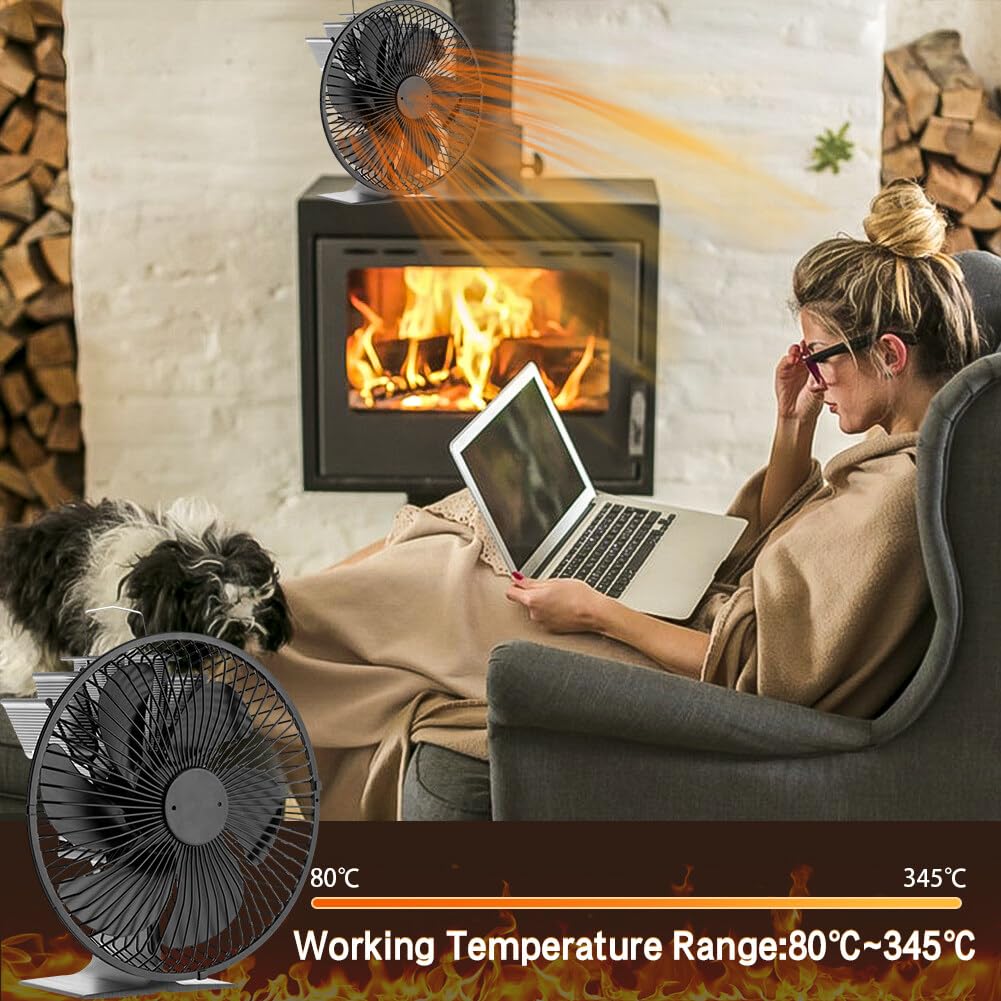 Efficient Heat Powered Fireplace Fan - Silent Wood Stove Fan with Hood for Home, Kitchen & Camping | Low Energy Consumption, Quiet Operation & Warm Air Circulation for Cozy Heating