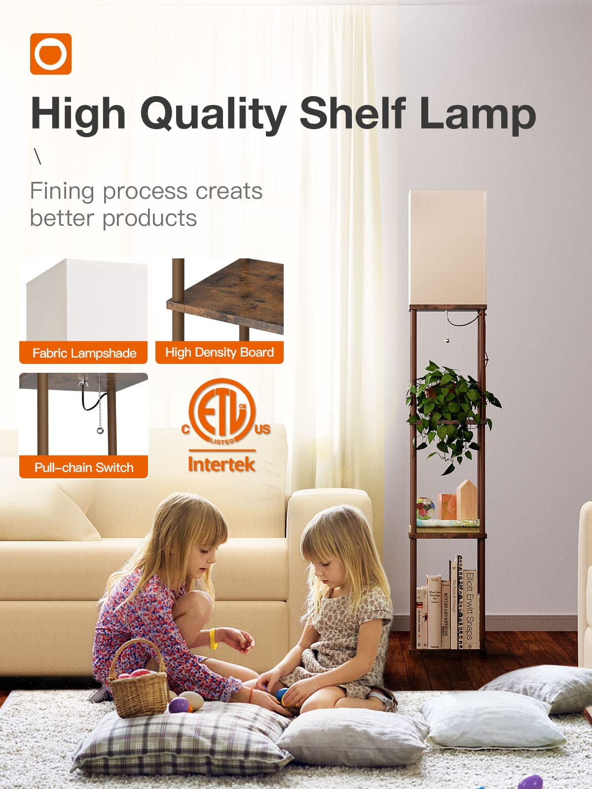 Addlon 4-Tier Modern Shelf Floor Lamp with 3CCT LED Bulb - Adjustable Brightness, Brown Wooden Display Lamp for Living Room, Bedroom, Office - Perfect for Reading, Decor & Space Saving Storage