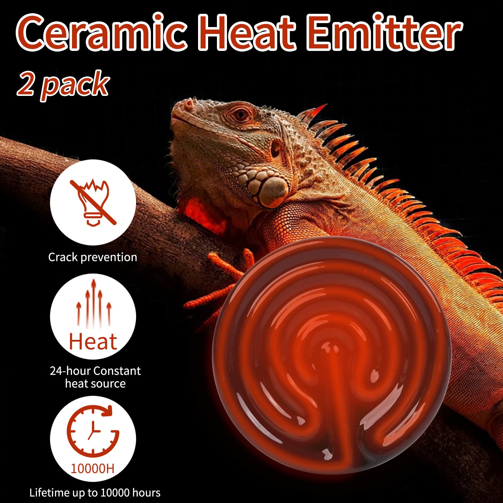 100W Ceramic Heat Emitter (2 Pack) - Reptile Heat Lamp Bulbs for Lizards, Snakes & Amphibians | Ceramic Heater for Pet Brooder Coop, Chicken, Dog & Cat | Ideal for Terrariums, Incubators & Pet Heating