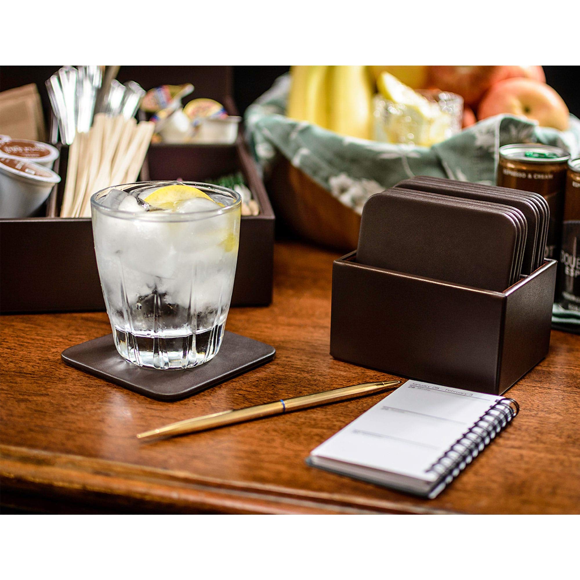 Premium Brown Leather Chocolate Holder - Set of 10 Square Coasters for Wine, Coffee & Dessert - Elegant Table Decor for Parties, Weddings & Home Dining