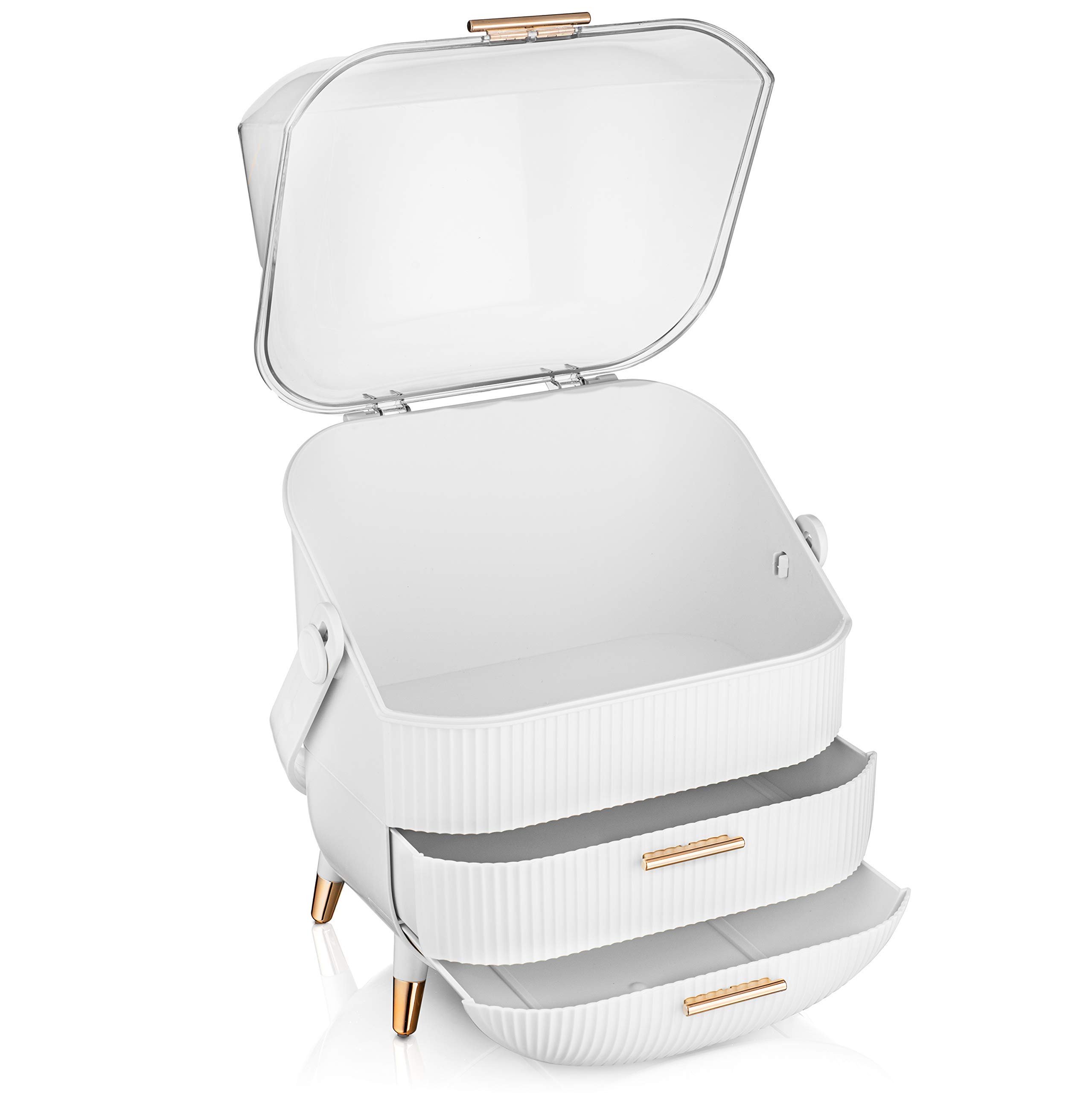 COLIBROX Acrylic Makeup Organizer with Lid & Drawers - Waterproof Cosmetic Storage Case in White & Rose Gold | Perfect for Bathroom Countertop, Vanity, Dresser & Desk Organization