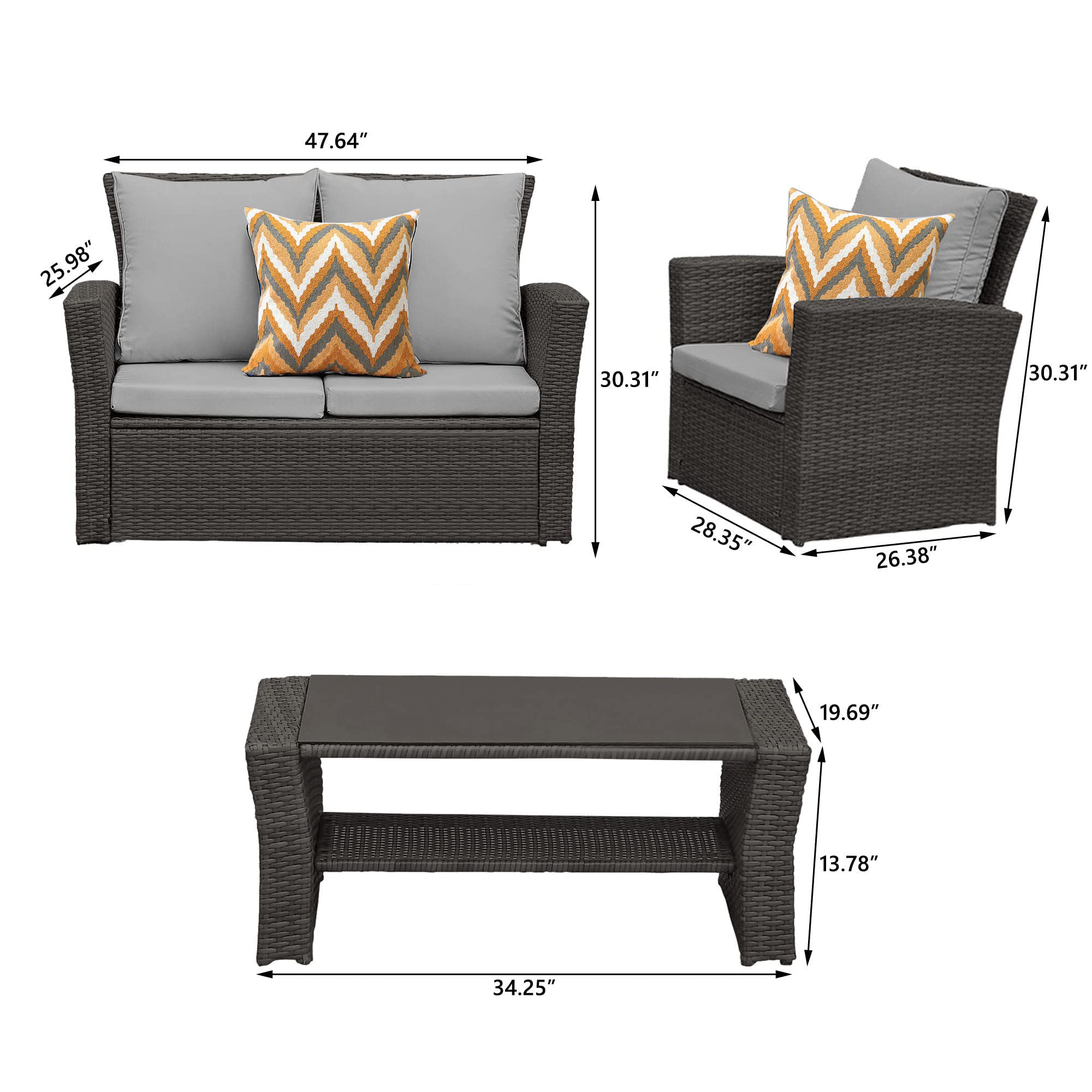 4-Piece All-Weather Wicker Patio Furniture Set - Outdoor Rattan Sectional Sofa with Cushions & Coffee Table - Grey Conversation Set for Balcony, Garden, Backyard - Perfect for Relaxing & Entertaining Outdoors