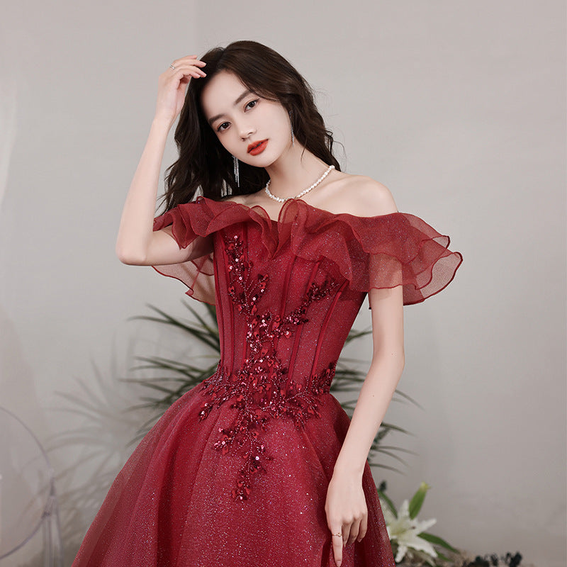 Elegant Off Shoulder A-Line Shiny Burgundy Prom Dress for Formal Evening Party & Homecoming - Perfect for Prom Night, Wedding Guest & Special Occasions