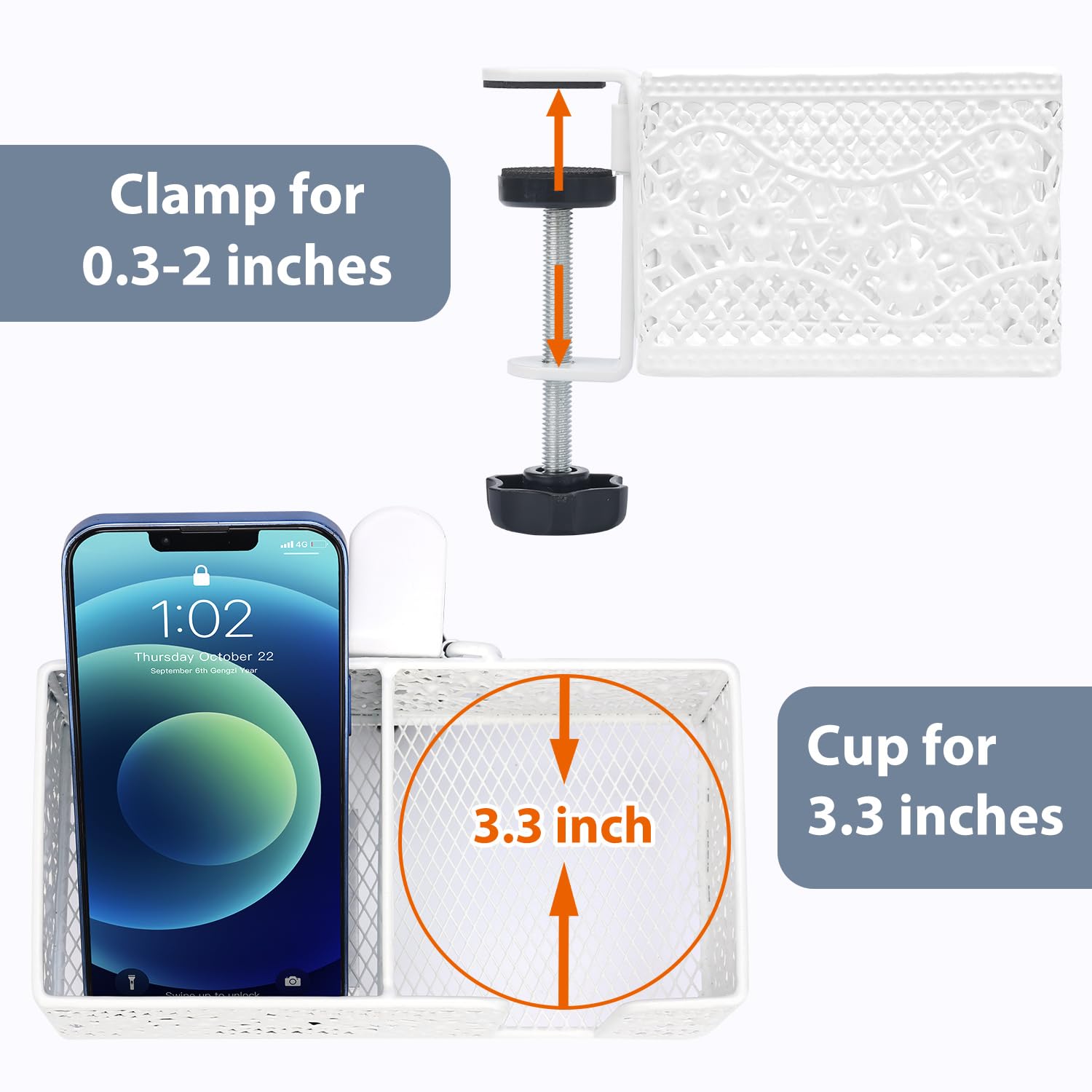 Clip-On Desk Organizer with Cup Holder, Pencil Storage & Phone Stand - Space-Saving Office & School Accessory for Beverages, Stationery & Devices - Perfect for Work, Study & Home Organization
