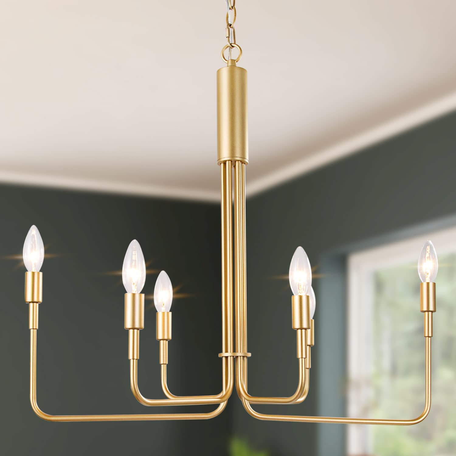 Classy Leaves Gold Chandelier - 6-Light Modern Crystal Chandelier with Adjustable Arms, 25