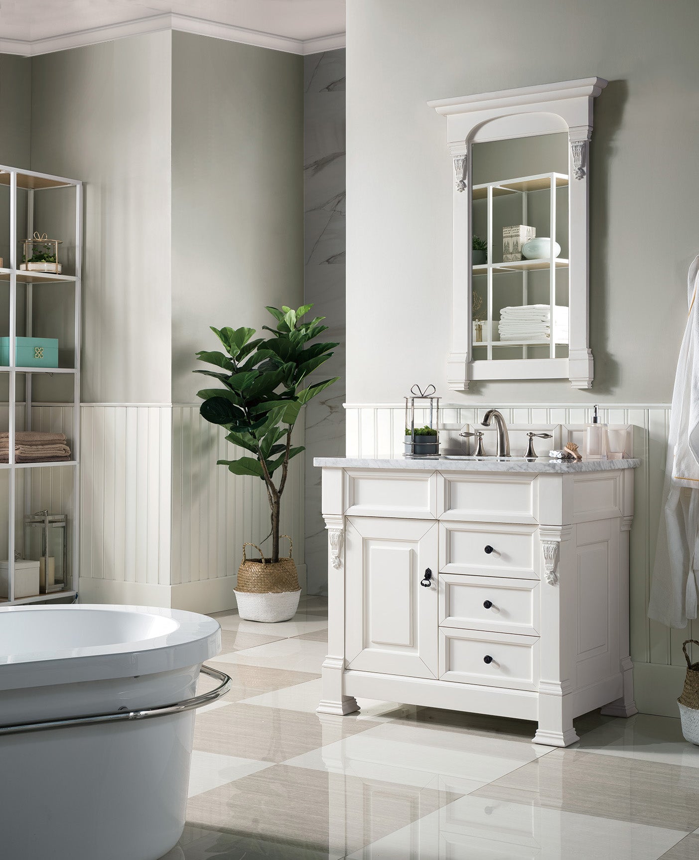 Brookfield 36 Inch Single Bathroom Vanity with Bright White Finish & 3CM Carrara Marble Top - Perfect for Modern Home Bathroom Renovation and Space-Saving Design