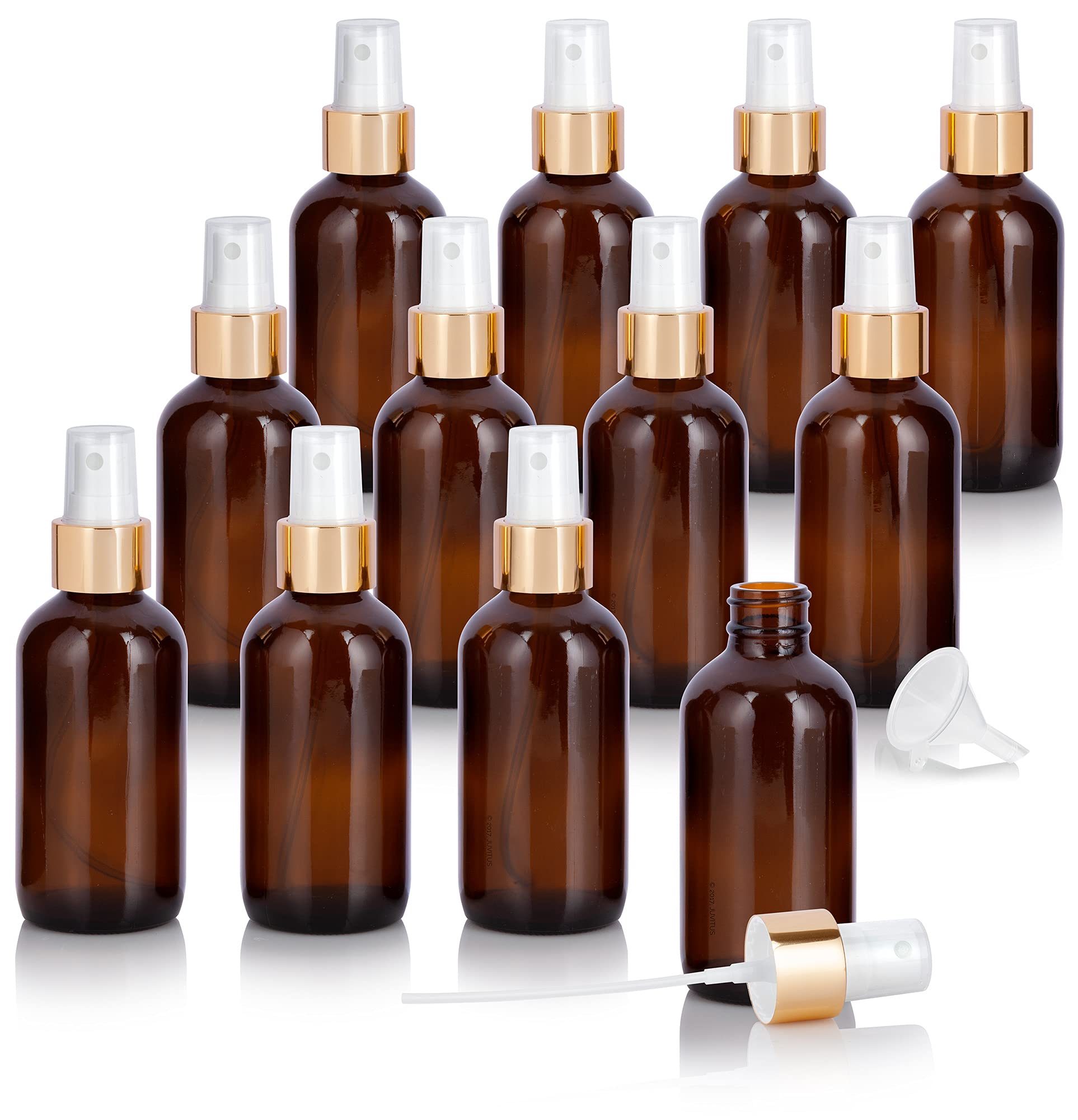 JUVITUS 4 oz Amber Glass Boston Round Bottle with Gold Fine Mist Sprayer - 12 Pack with Free Funnel - Perfect for Essential Oils, Perfumes & DIY Skincare Products