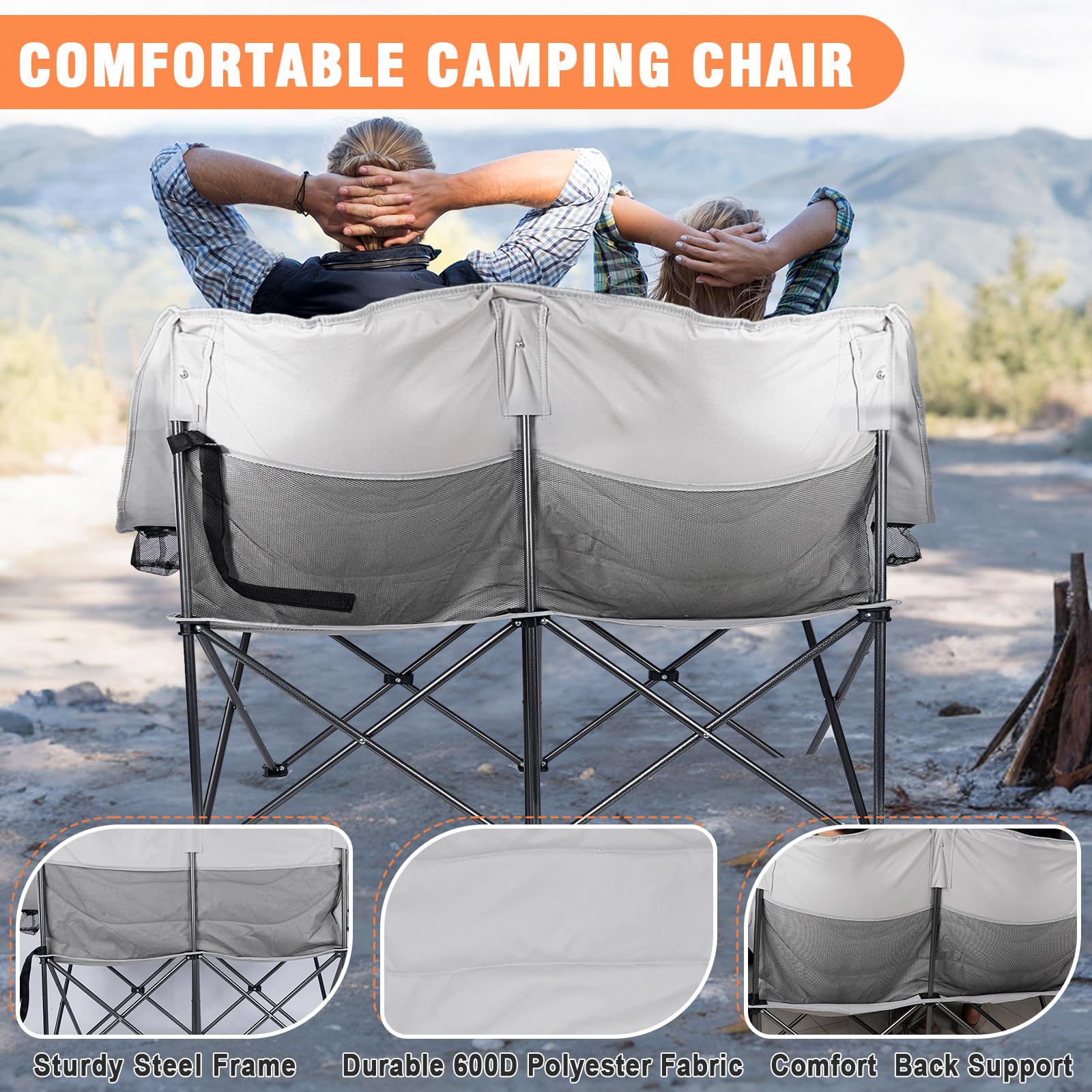 **Double Camping Chairs for Adults - Oversized Folding Loveseat Outdoor Chairs with Cup Holder & Wine Glass Holder, Heavy Duty 600Lbs Capacity, Perfect for Camping, Picnics, Beach & Backyard (Grey)**