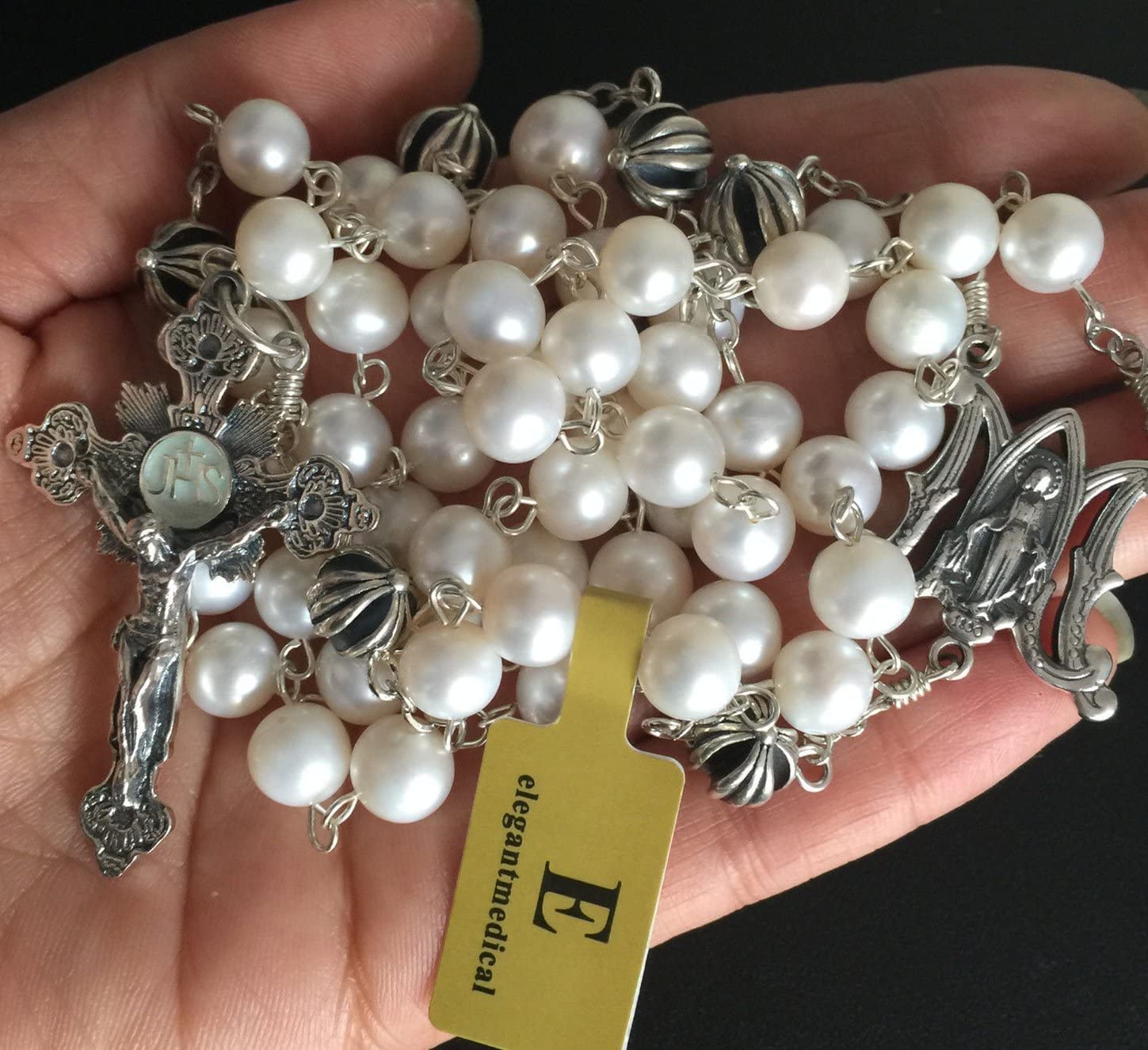 Handmade Catholic Rosary Necklace with Real Pearl & Bali Sterling Silver Cross Beads - Elegant Religious Jewelry for Prayer, Meditation & Faith Gifts