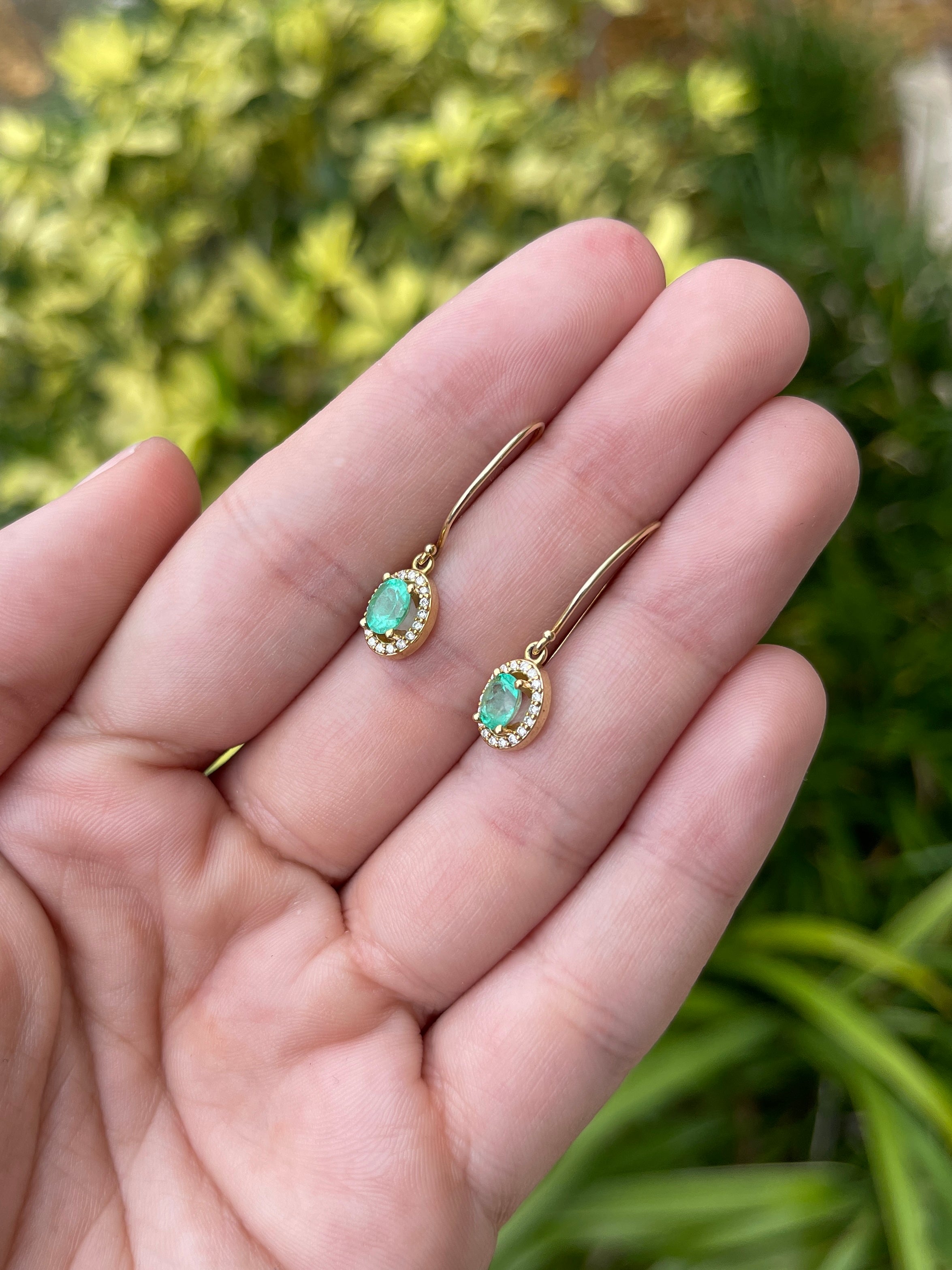 1.18tcw Oval Emerald & Diamond Halo 14K Gold Wire Earrings for Women - Elegant Dangle Earrings for Wedding, Party & Special Occasions