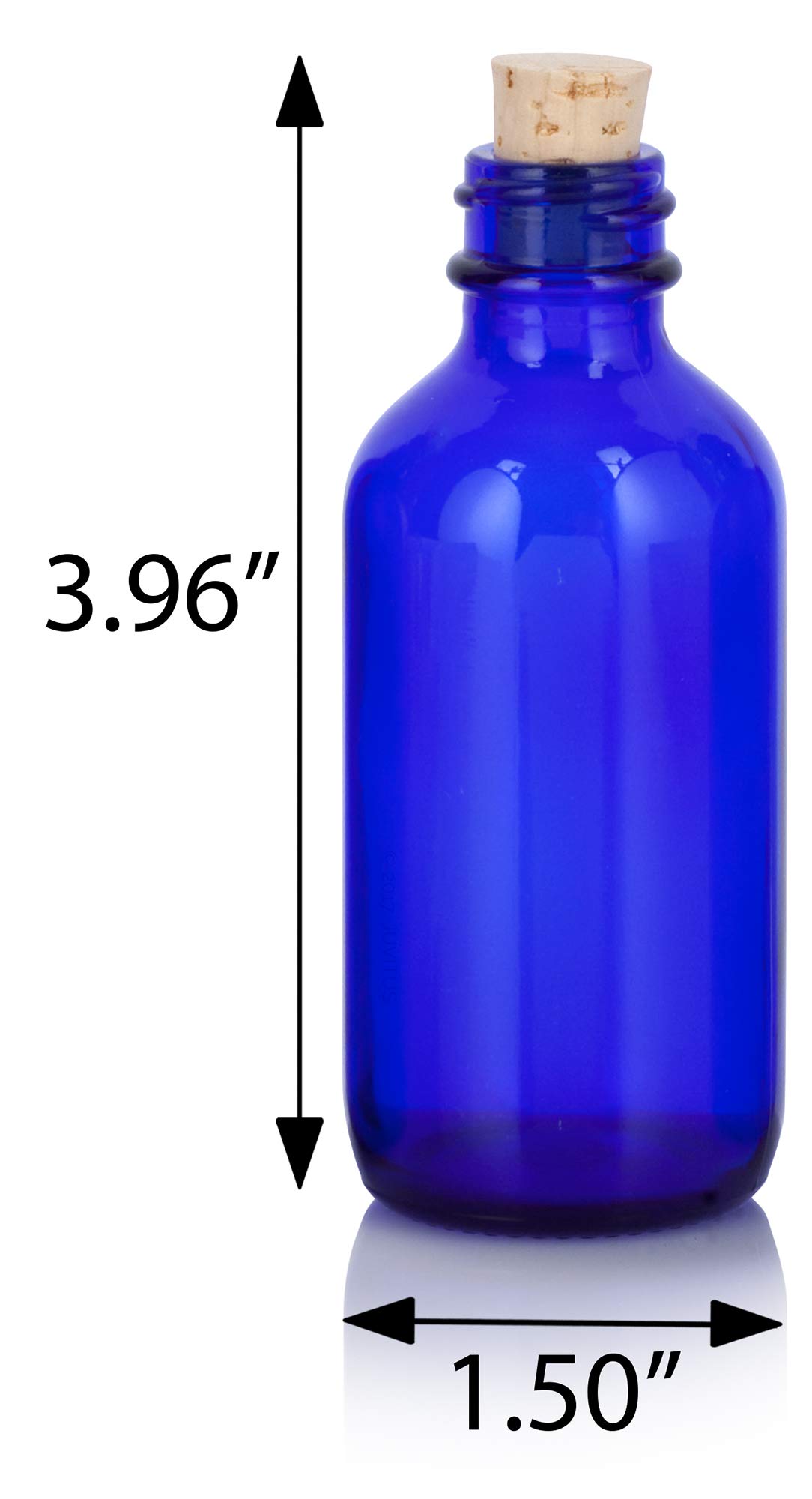 2 oz Cobalt Blue Glass Boston Round Bottle with Cork Stopper - 12 Pack + Free Funnel - Perfect for Essential Oils, DIY Beauty Products & Home Brewing