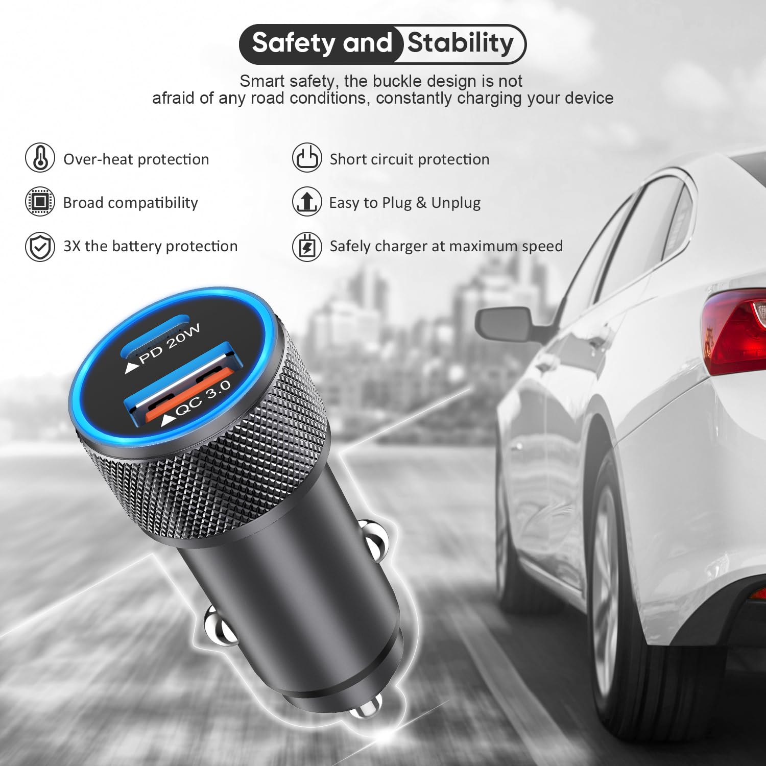 38W Fast USB C Car Charger with PD & QC3.0 - Dual Port Car Adapter for iPhone 14/13 & Apple Watch Series 10/9/8 - Includes 6ft USB-C to Lightning Cable & iWatch Charging Cord - Perfect for Road Trips & Commuting
