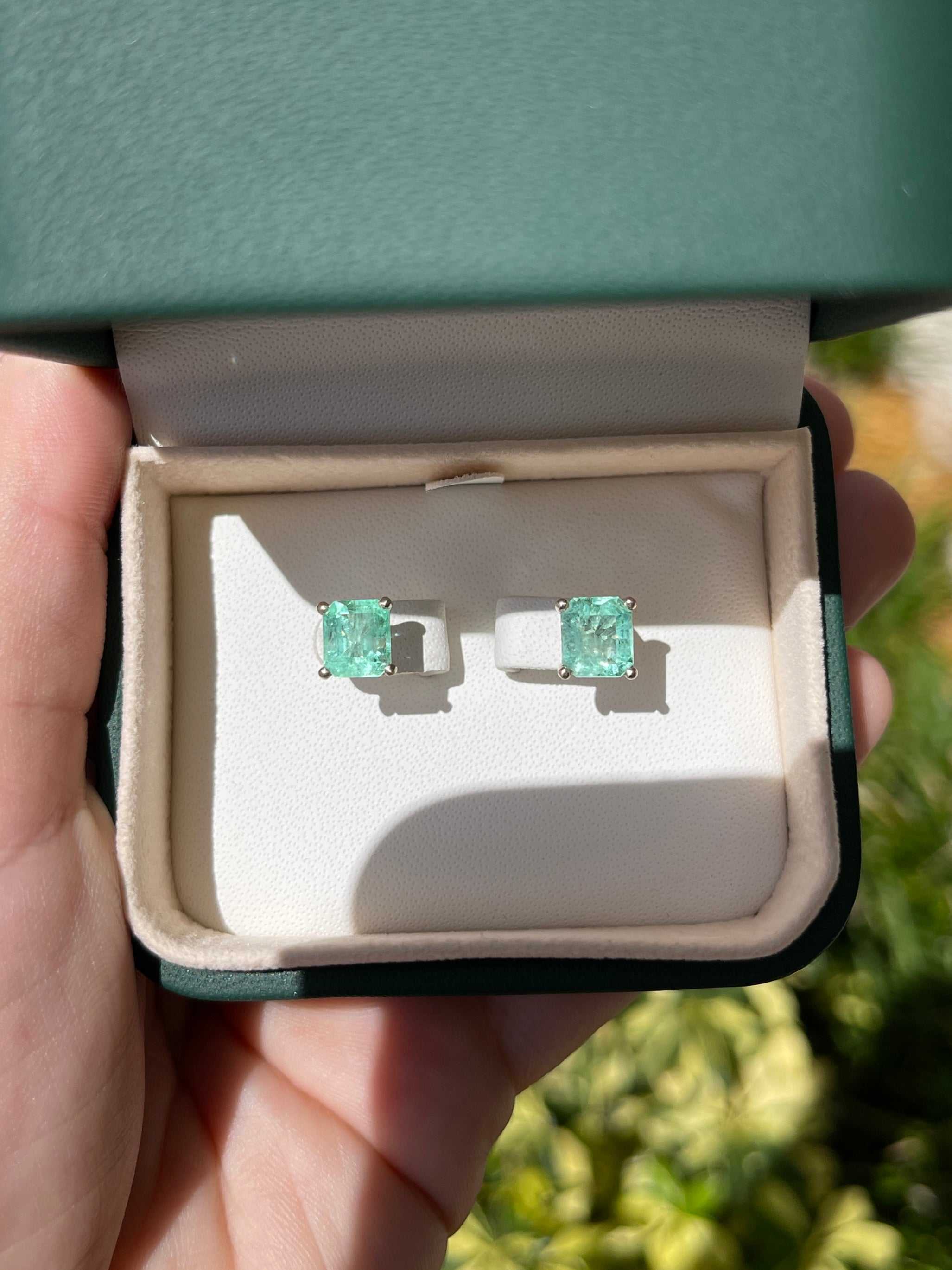 3.46tcw 18K White Gold Light Green Colombian Emerald Stud Earrings for Women - Elegant Martini Cut Gemstone Jewelry for Parties, Weddings & Special Occasions