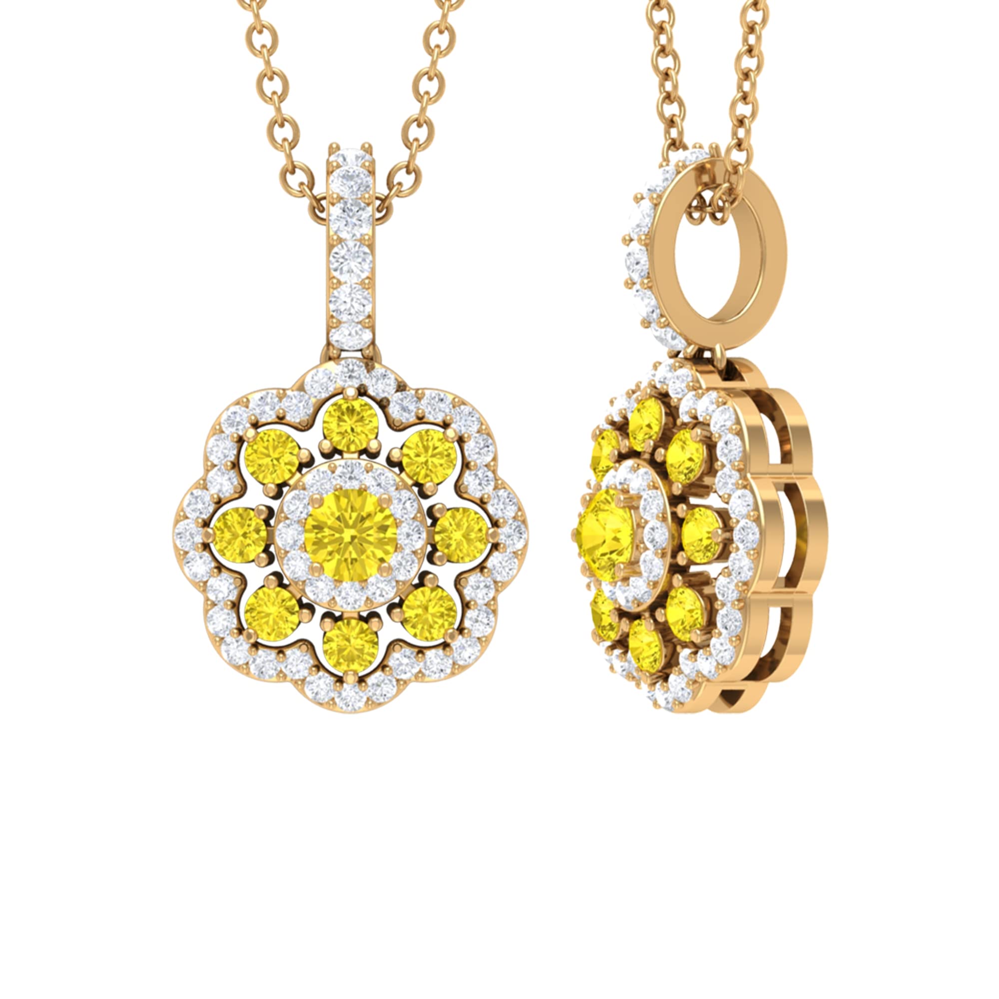 3/4 CT Yellow Sapphire & Moissanite Flower Pendant Necklace for Women - 14K Solid Gold Jewelry - Elegant Gift for Birthday, Anniversary & Special Occasions