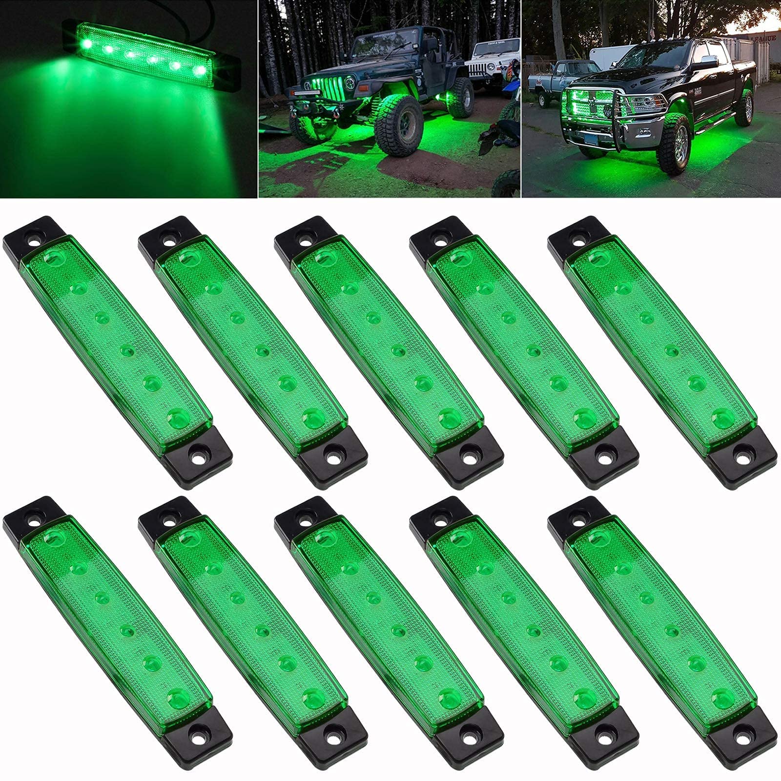 PSEQT 3.9'' LED Rock Strip Lights - Green Car Exterior Underglow Wheel Fender Lighting Kit (10Pcs) with 100FT/30M 22AWG 2pin Extension Cable - Perfect for Off-Road Trucks, Jeeps & Custom Car Lighting