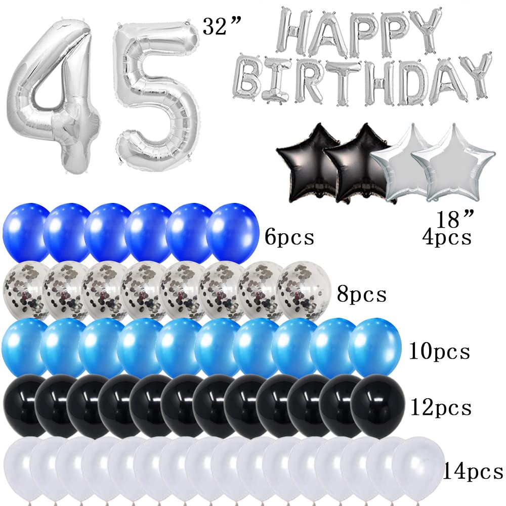 45th Birthday Party Decorations Set - Happy Birthday Foil Banner, Number 45 & Star Foil Balloons, 47pcs Blue & Silver Latex Balloons - Perfect for Milestone Celebrations & Surprise Parties