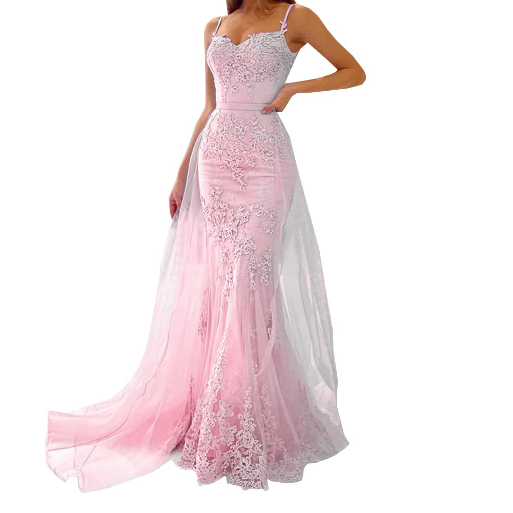 Emanni Women's Mermaid Prom Dress with Sweetheart Neckline & Lace Appliques - Elegant Evening Gown with Detachable Train in Light Pink | Perfect for Homecoming, Quinceañera & Formal Events