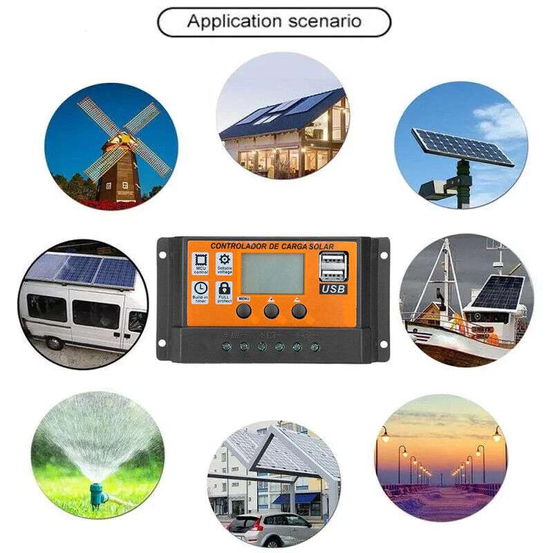 100A PWM Solar Charge Controller with LCD Display - 12V/24V Dual USB Ports for Solar Panel Battery Regulator - Perfect for RV, Marine, Off-Grid & Home Solar Power Systems