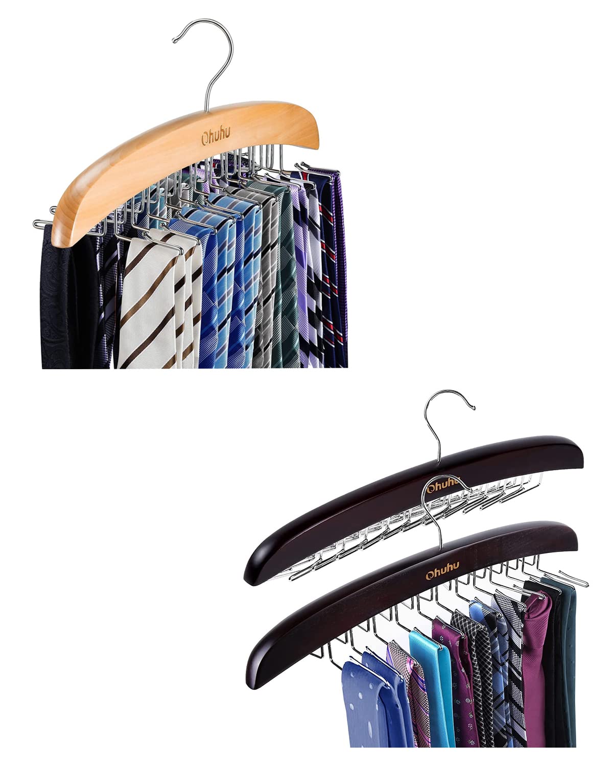 Ohuhu Wooden Tie Rack - 24 Slot Tie & Belt Organizer with Hooks for Closet Storage | Perfect for Men's Neckties, Women's Scarves & Accessories | Space-Saving Closet Organizer for Home & Office Wardrobe