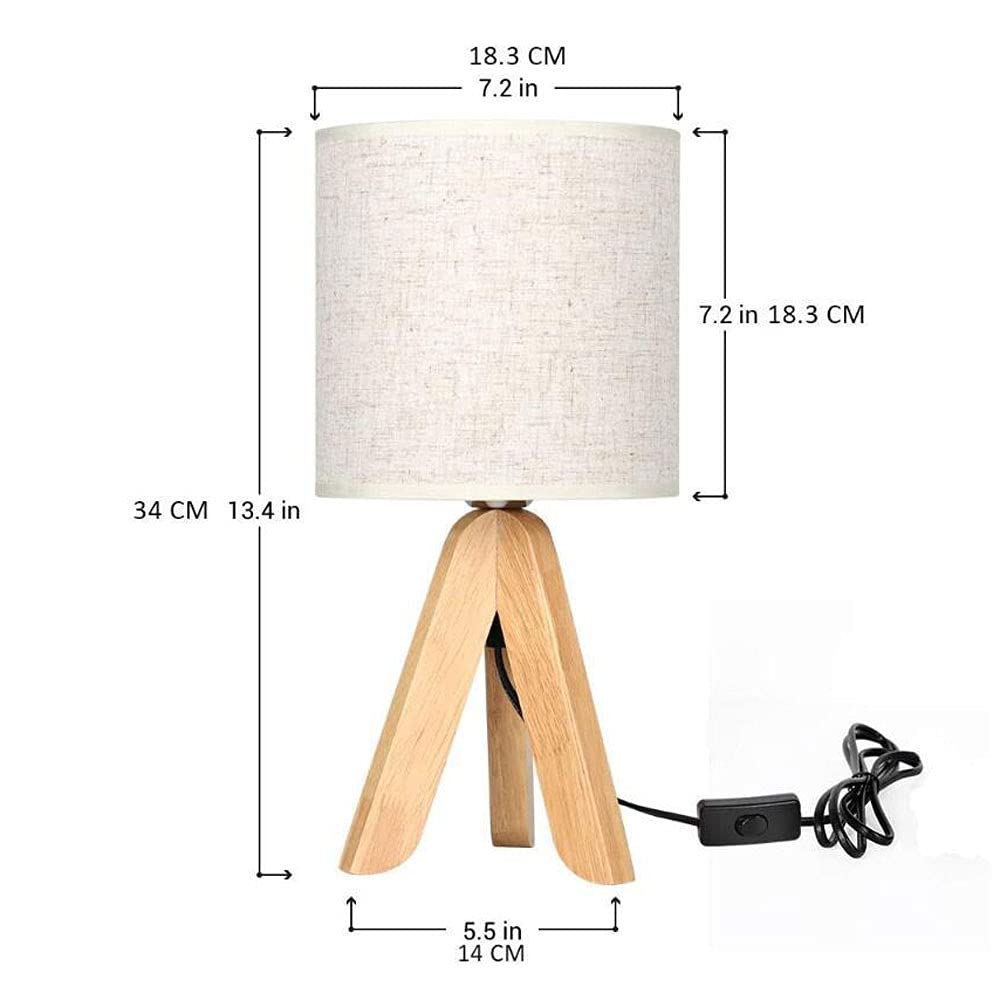 American Style Wooden Tripod Bedside Table Lamp with Gray Fabric Linen Shade - Plug-in Button Switch, 13.4 Inch Height - Perfect for Bedroom, Living Room, Office & Home Decor | Nightstand Lighting, Reading Lamp, Cozy Ambience