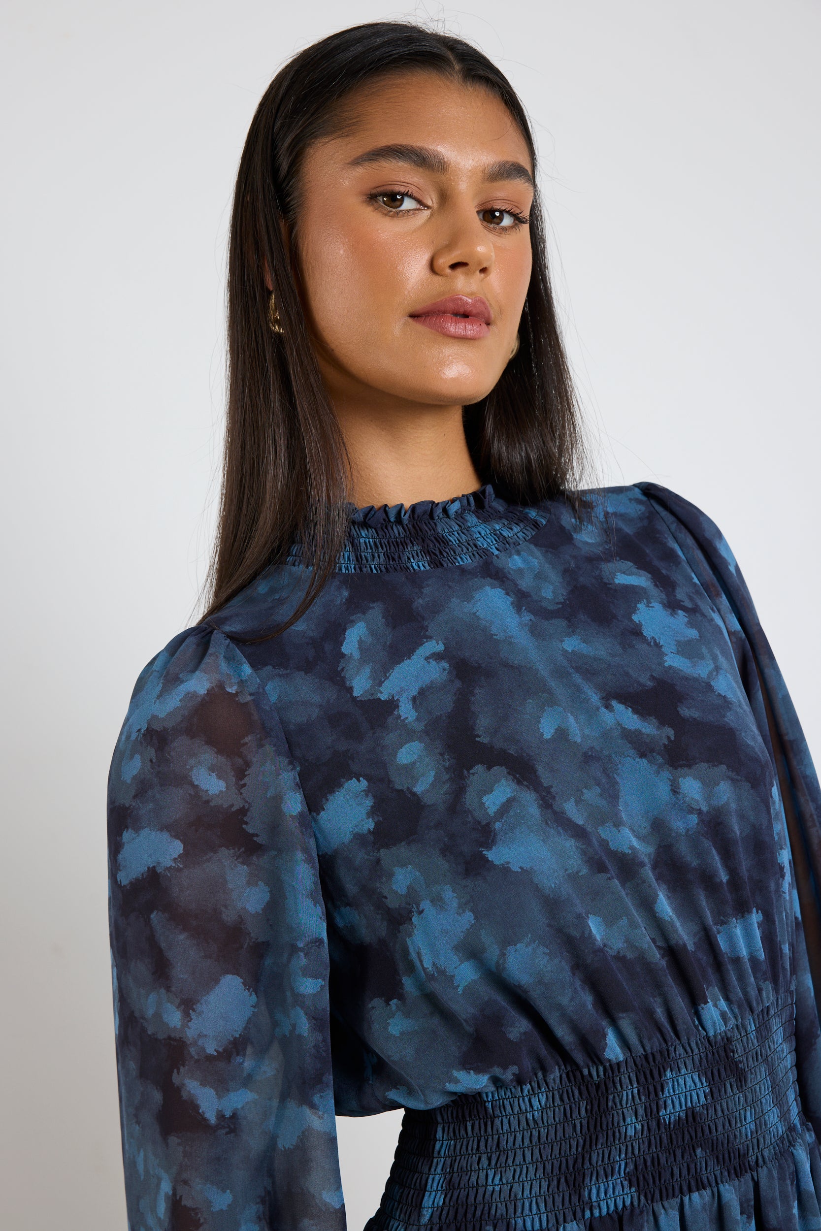 Ebony Blue Smudge Long Sleeve Shirred Neck Midi Dress - Perfect for Casual Outings, Date Nights & Special Occasions