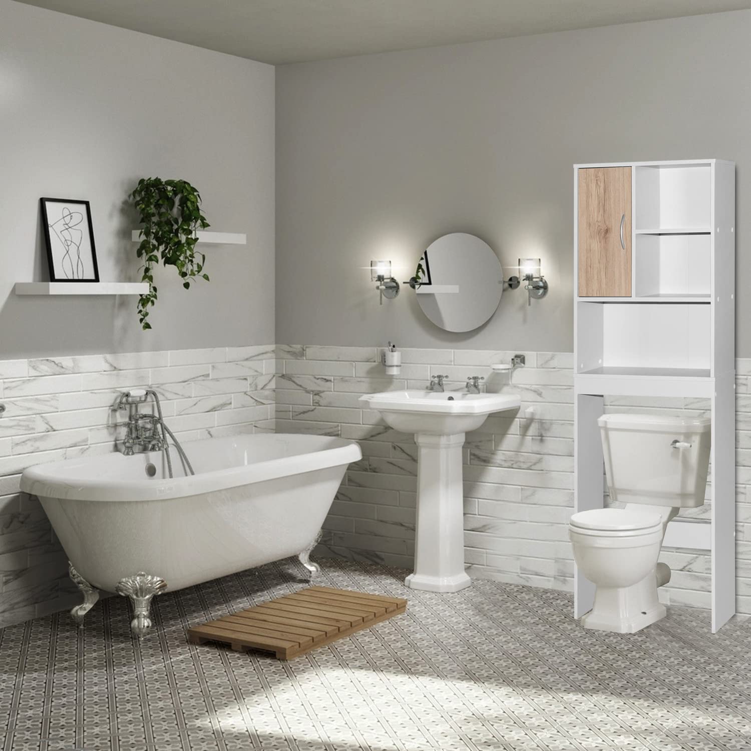 Better Home Products Ace Over-The-Toilet Storage Organizer - White & Natural Oak Bathroom Shelf for Towels, Toiletries & Decor - Space Saving Solution for Small Bathrooms