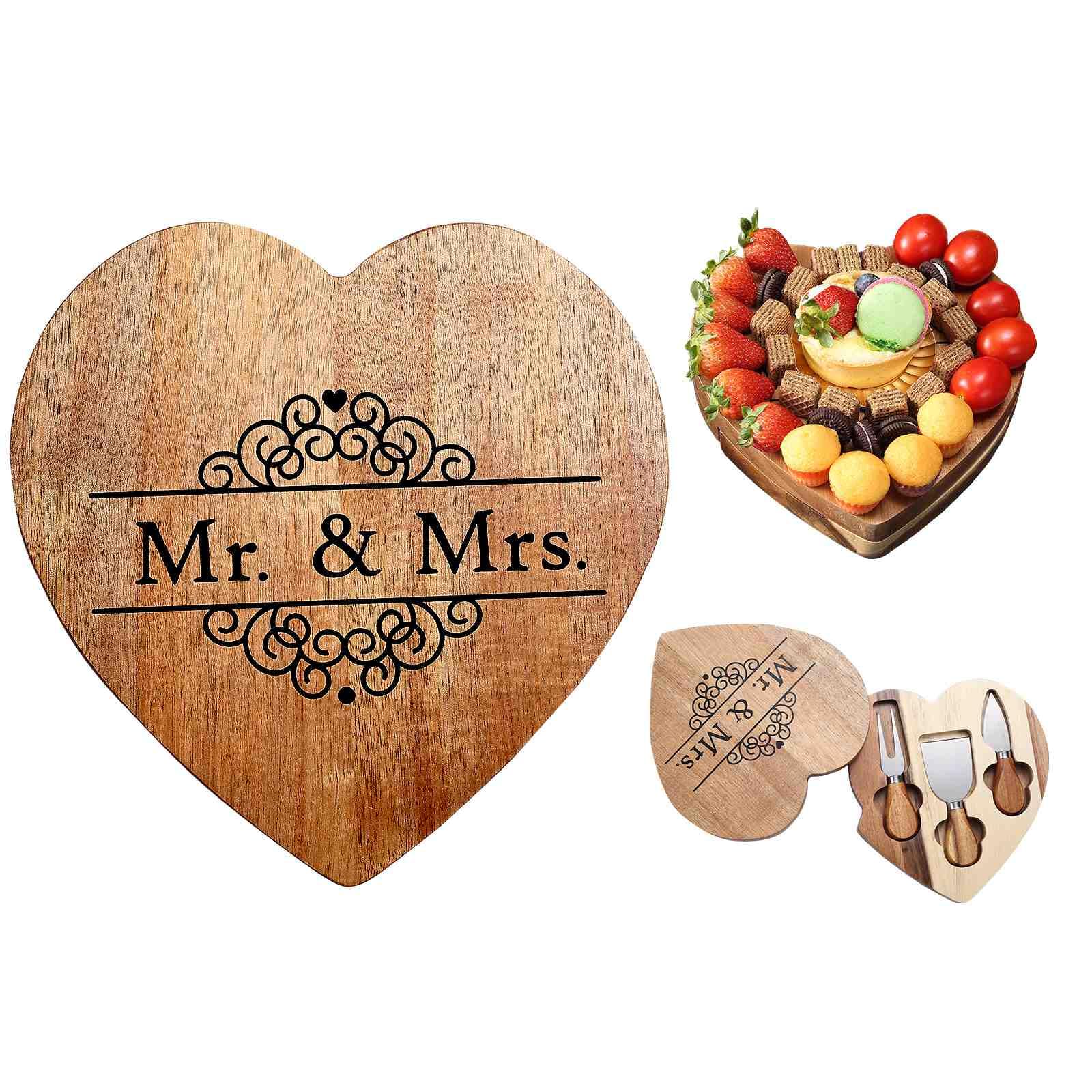 Premium Wooden Cheese Board Set with 3 Stainless Steel Knives - Charcuterie Serving Tray for Entertaining - Perfect Gift for Christmas, Wedding, Thanksgiving (Mr & Mrs) - Ideal for Wine Parties, Cheese Tastings & Charcuterie Displays
