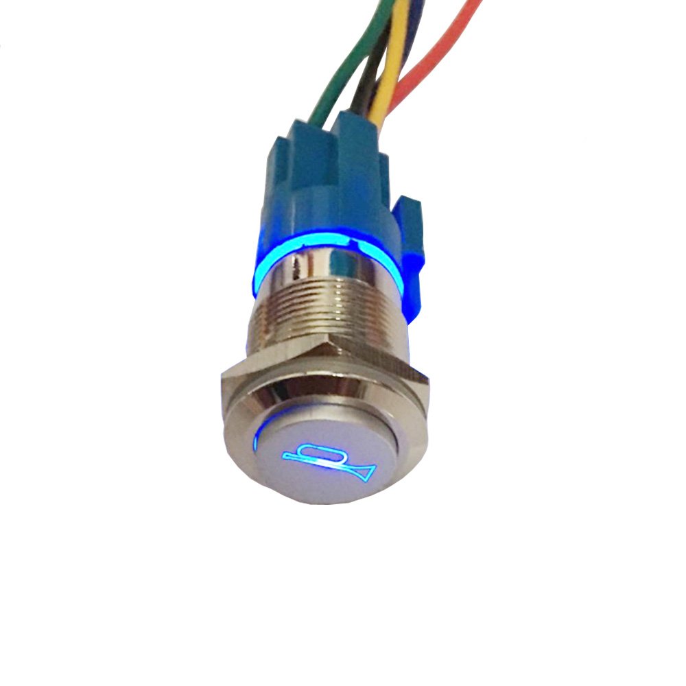 ESUPPORT 12V Blue LED Car Horn Button - 19mm Metal Momentary Toggle Switch with Socket Plug for Automotive, Marine & DIY Projects | Perfect for Custom Car Horns, Alarm Systems & Electrical Control Panels