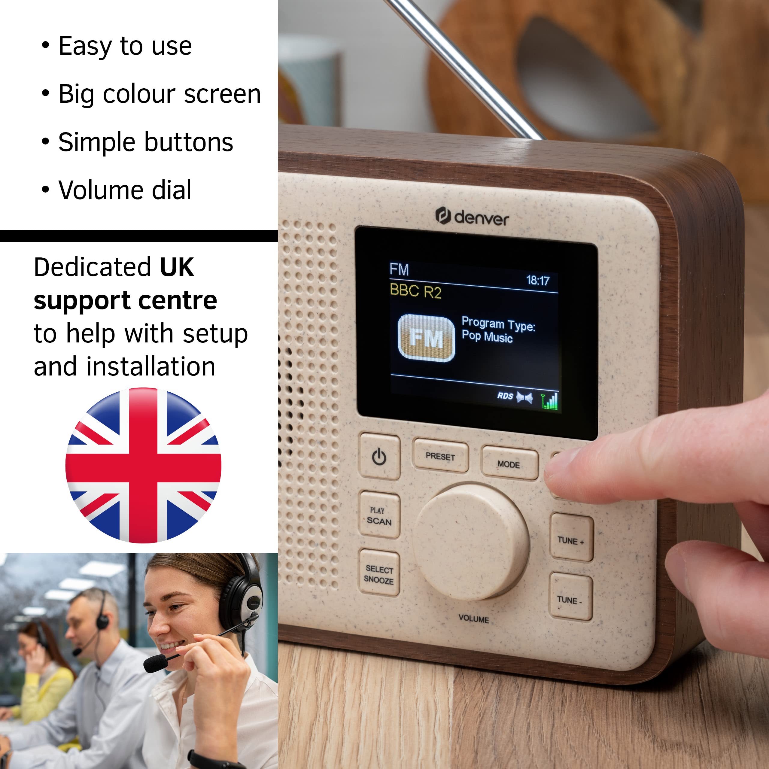 Denver Portable DAB+ Digital Radio with Bluetooth & FM - Eco-Friendly BioPlastics Construction - Dual Alarm, Rechargeable Battery & AC Power, Snooze/Sleep Timer, Large Color Screen - Perfect for Travel, Home, Office & Outdoor Use - Model DAB-60