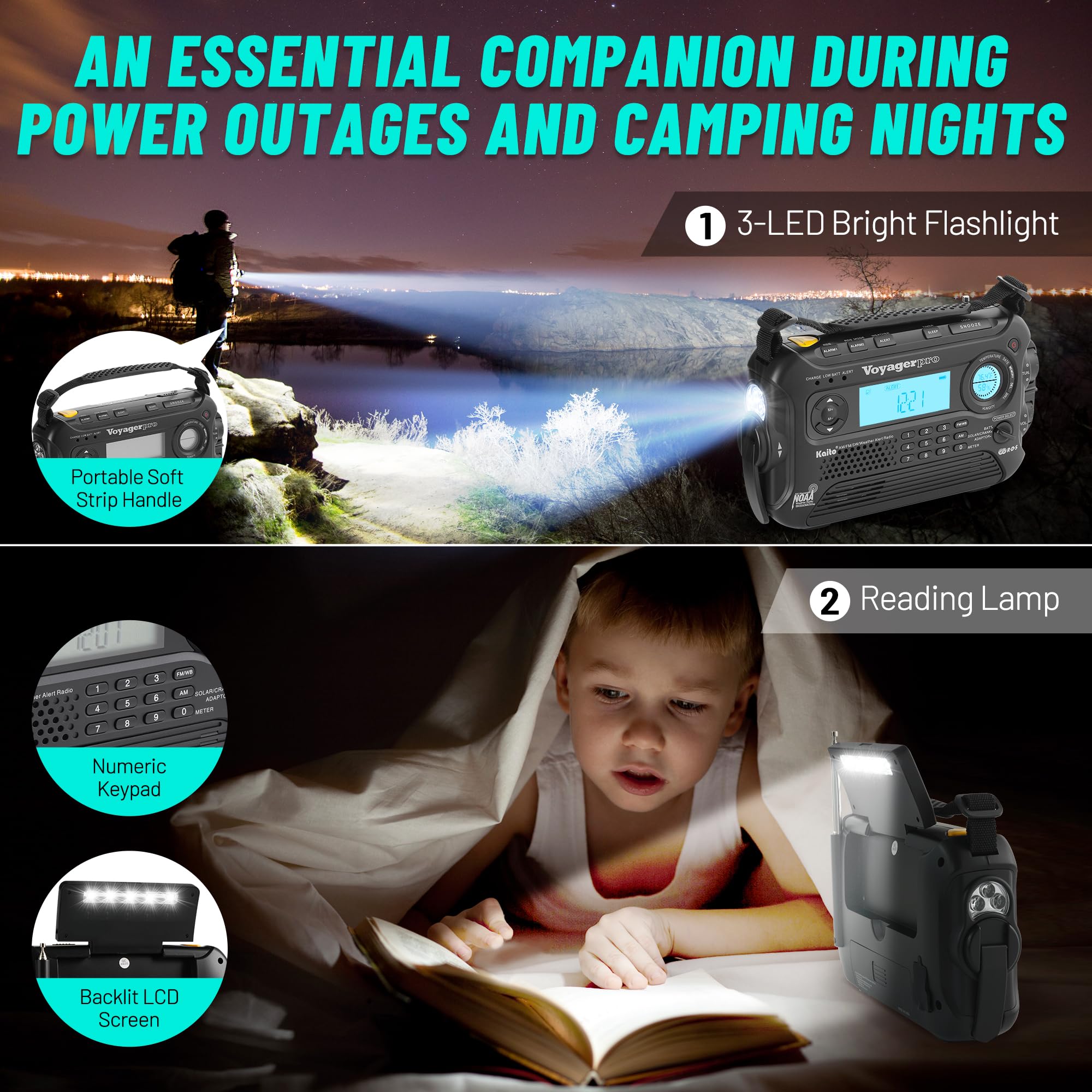 Kaito KA600 Black Solar & Hand Crank Emergency AM/FM/SW NOAA Weather Radio with AC Adapter, 5-LED Reading Light, 3-LED Flashlight, Thermometer & Hygrometer - Perfect for Camping, Hiking & Emergency Preparedness