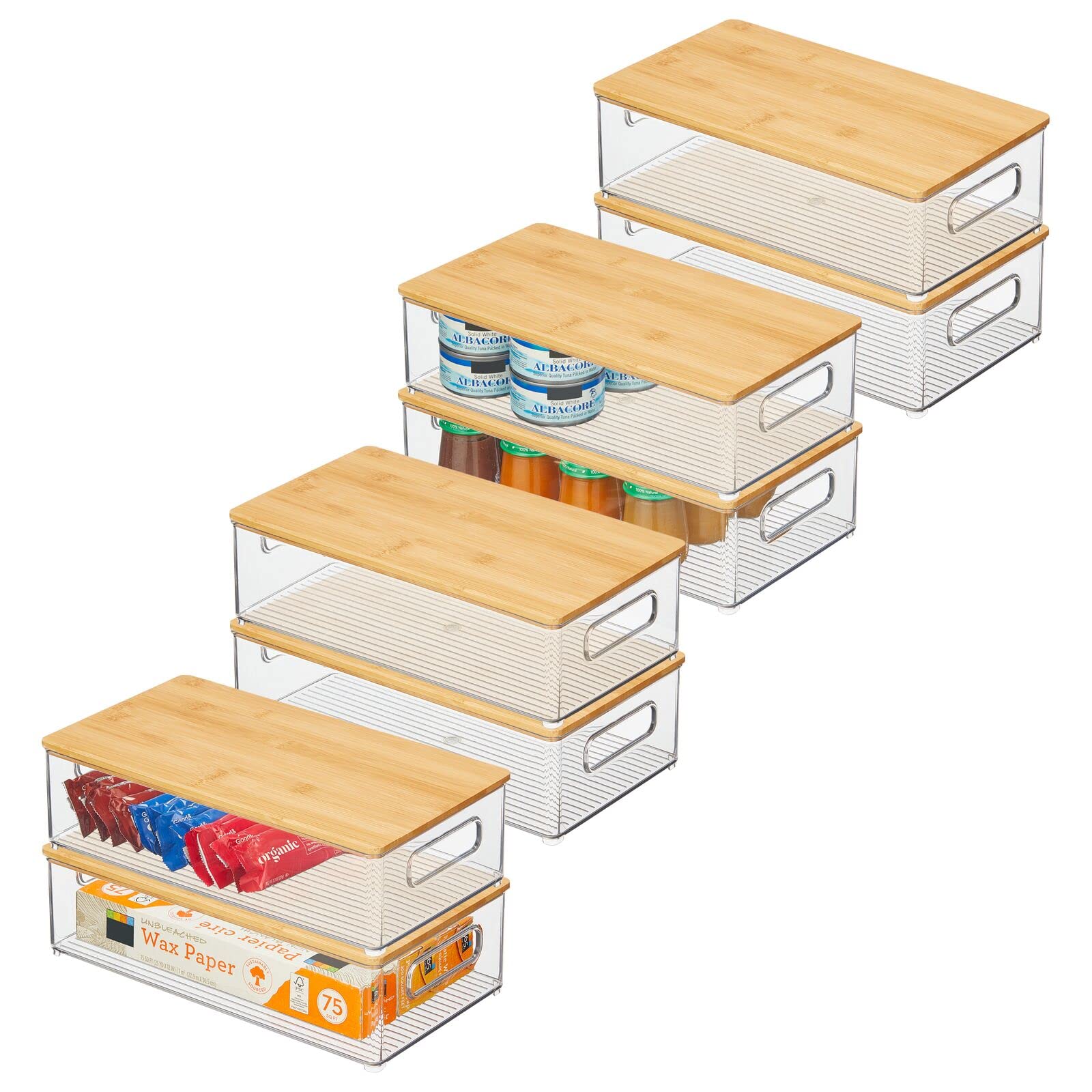 mDesign Plastic Stackable Kitchen Pantry Cabinet Organizer - 8-Pack Clear/Natural Food Storage Bins with Built-In Handles & Bamboo Lids - Perfect for Fruits, Jars, Snacks, Pasta Organization - Ideal for Pantry, Kitchen Countertop, and Cabinet Storage Solutions