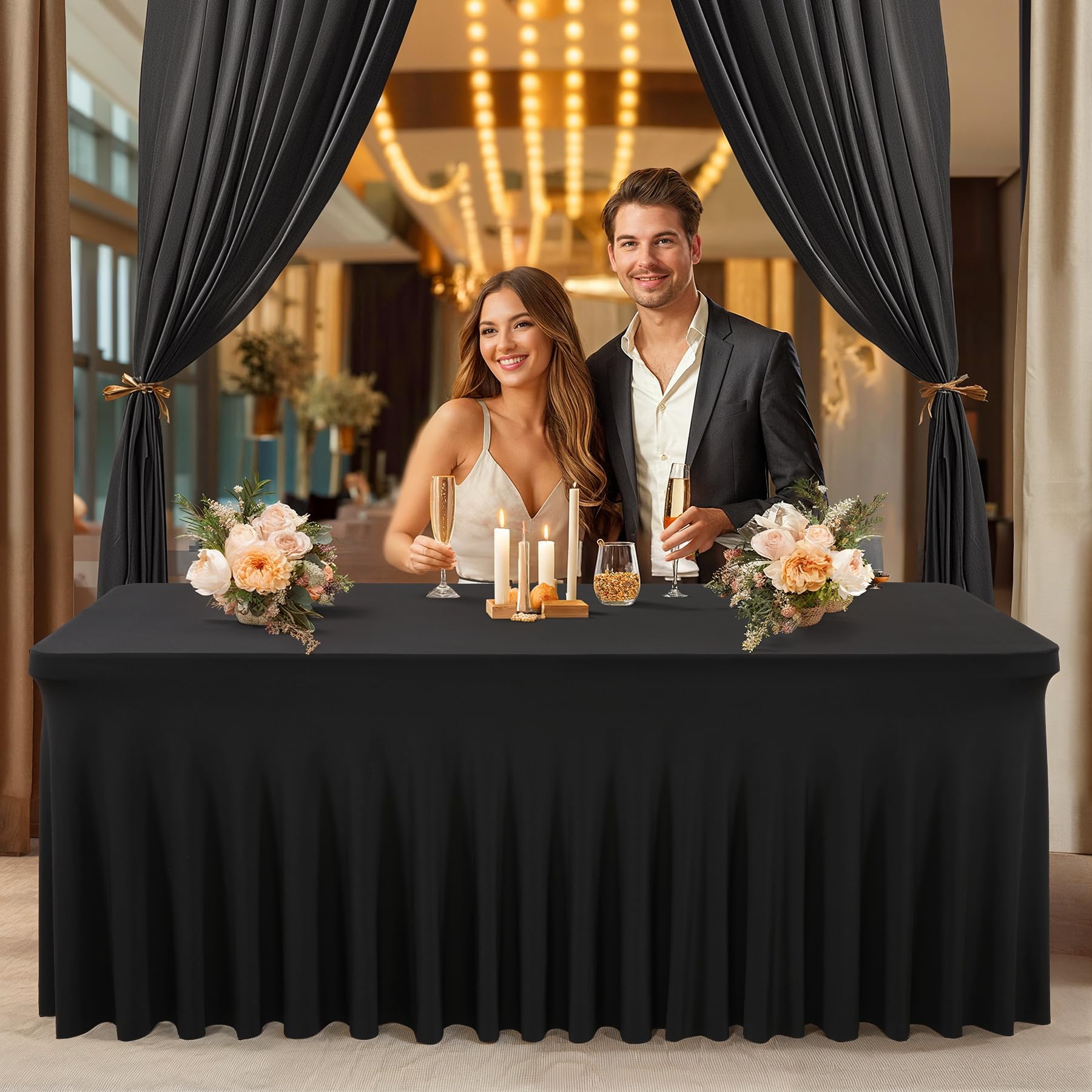 PARTISKY Black Spandex Table Skirt - 6ft Stretchable Folding Table Cover for Rectangle Tables | Perfect for Banquets, Weddings, Birthday Parties & Events | Durable & Elegant Tablecloth for Home & Commercial Use