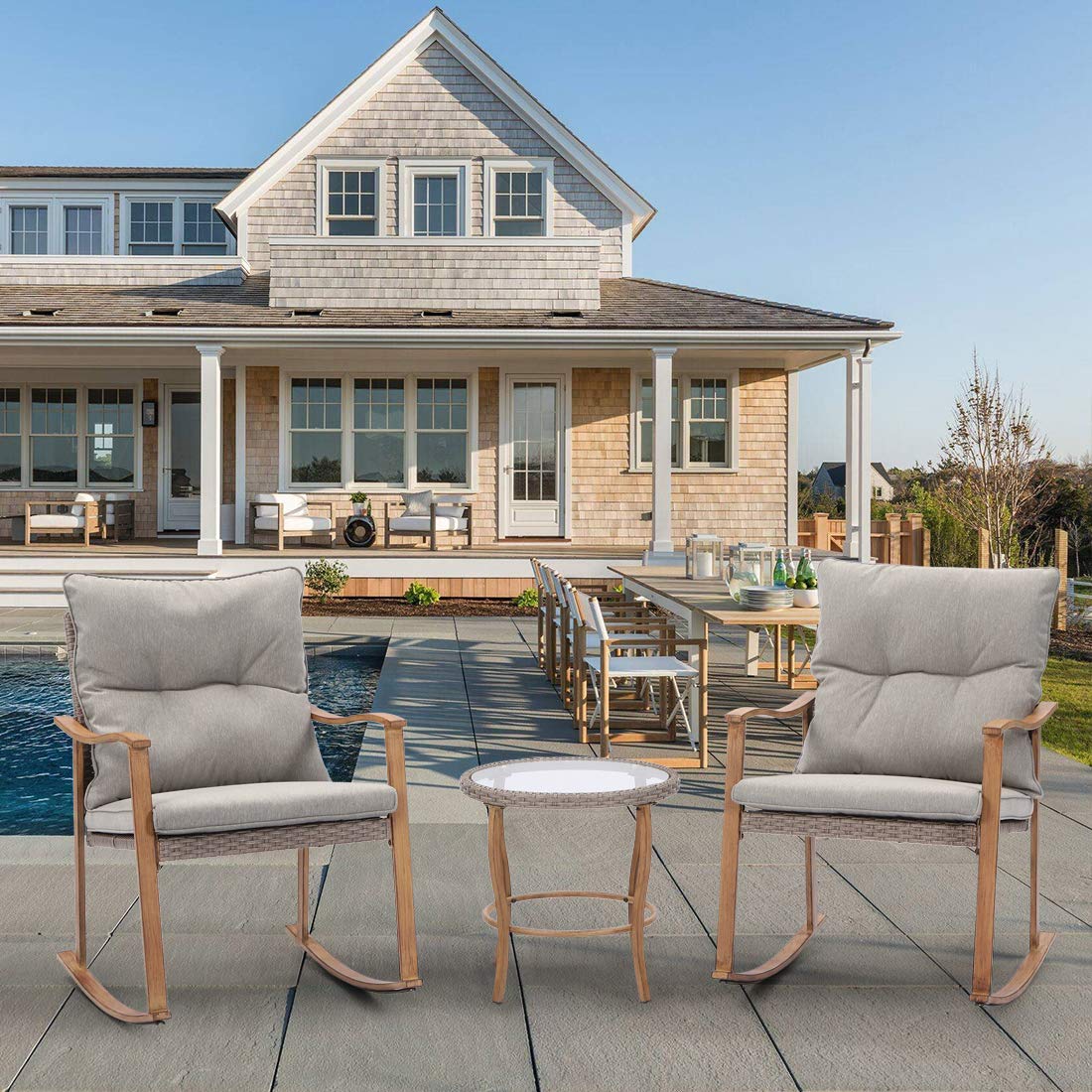 HOMPUS 3-Piece Outdoor Rocking Chair Set - Wicker Patio Furniture with Wood Armrests & Warm Gray Cushions, Includes Glass Coffee Table - Perfect for Front Porch, Balcony, Garden, and Backyard Relaxation