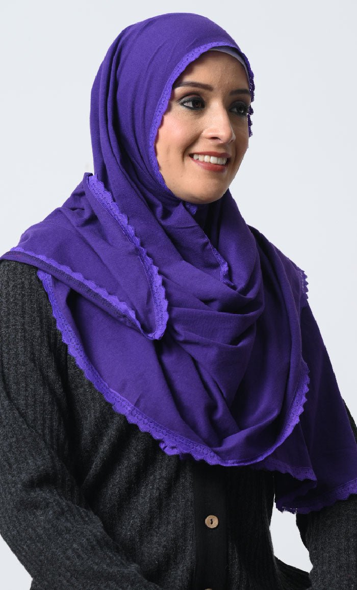 Premium Cotton Jersey Hijab Scarf - 70x22 Inches with Elegant Lace Trim - Soft & Breathable Muslim Headscarf for Women - Perfect for Daily Wear, Prayer, Work & Special Occasions