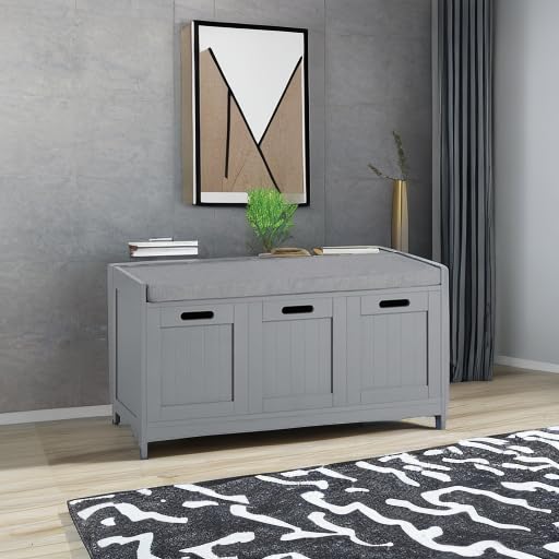 Haotian Storage Bench with 2 Cabinets, 1 Drawer & Removable Cushion - Multifunctional Entryway Shoe Organizer Bench for Hallway, Bedroom, Nursery - Grey FSR80-SG | Perfect for Small Space Organization & Shoe Storage Solutions