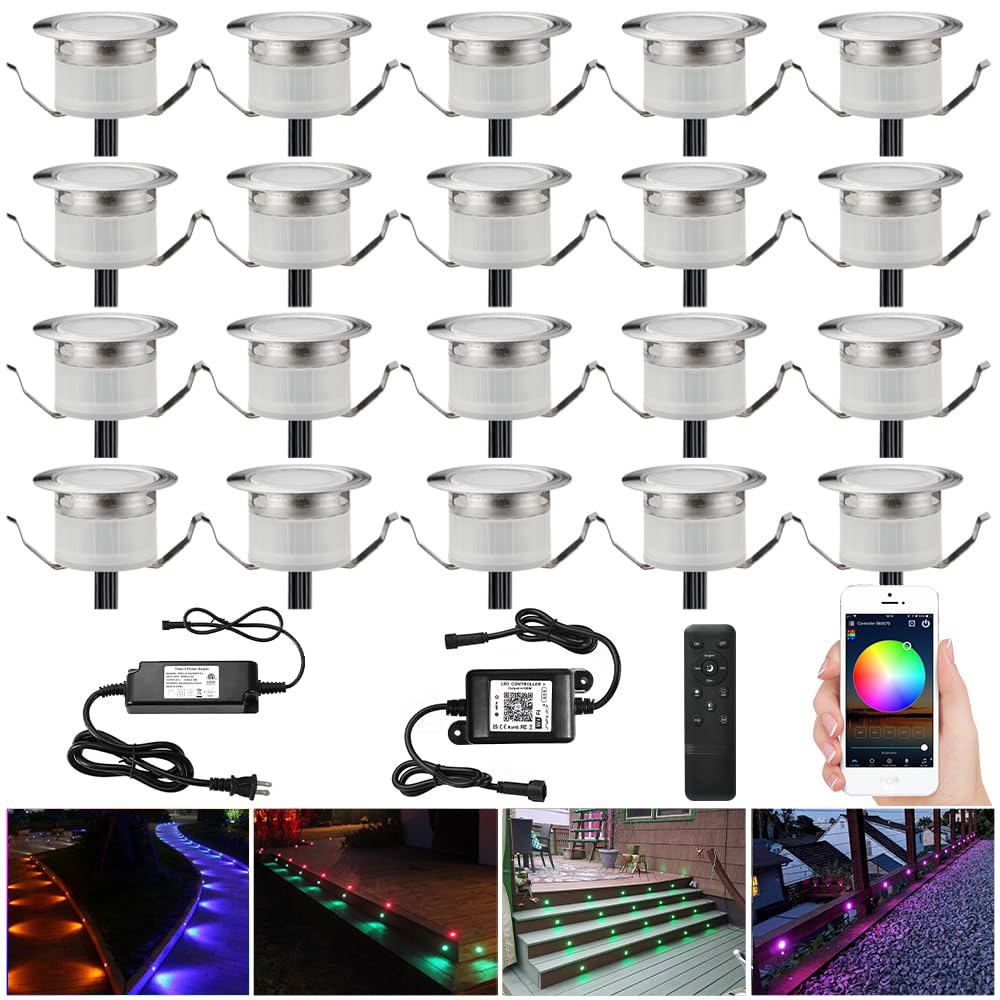 20-Pack Smart WiFi LED Deck Lights with RGB Color Changing - Waterproof Low Voltage Recessed Stair Lighting for Outdoor Steps, Yard & Landscape - Alexa & Google Home Compatible - Perfect for Patio, Garden Pathway, and Poolside Decor