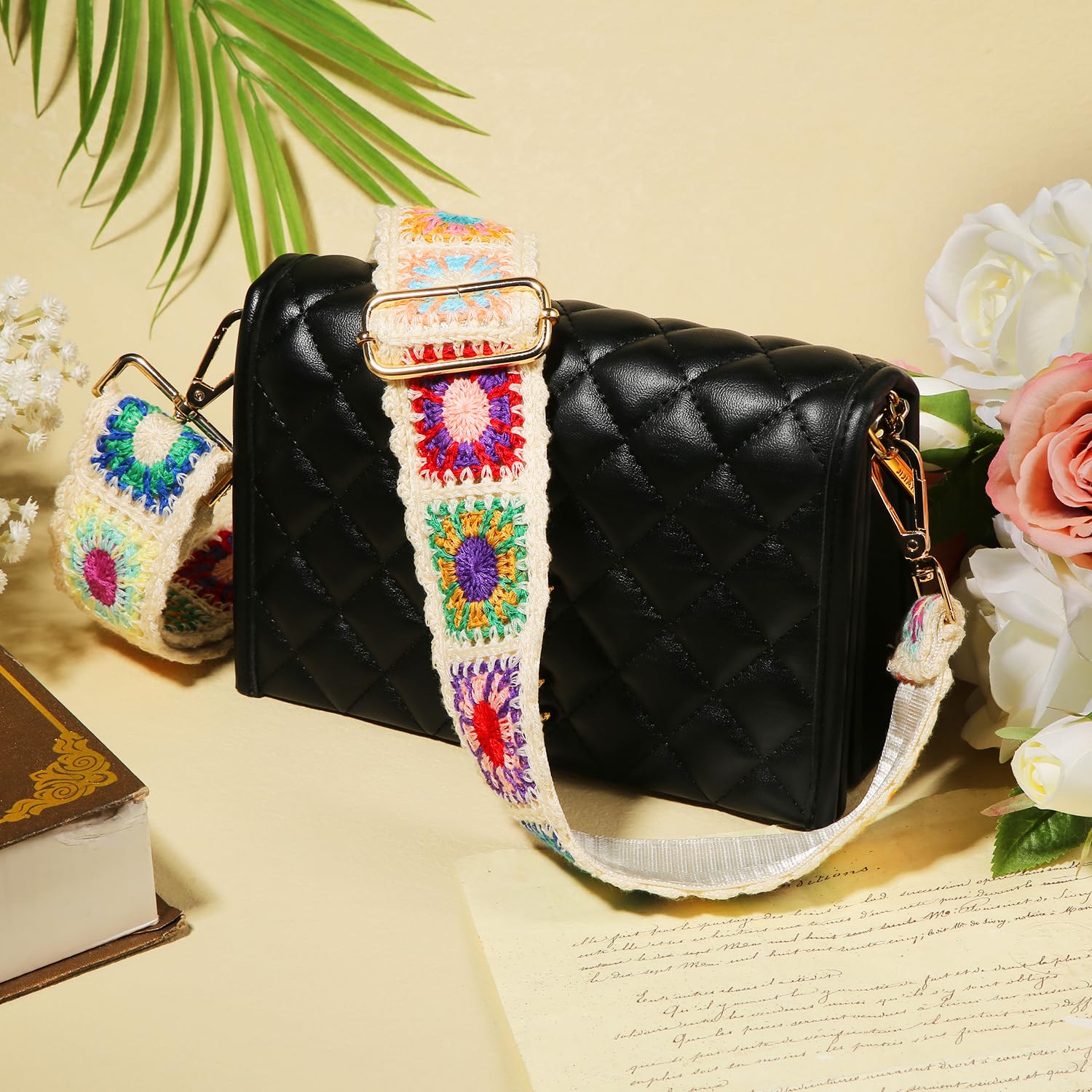 LUTER Adjustable Crochet Flower Purse Strap - 2 Inch Wide Handbag Replacement Strap for Crossbody Bags, Guitar & Fashion Accessories (Colorful) - Perfect for Boho Style, Music Festivals & Everyday Use