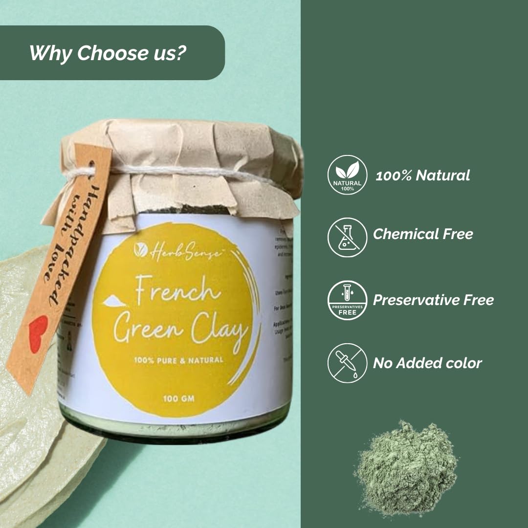 Herbsense French Green Clay Powder Mask - Deep Cleansing & Detoxifying Face Mask for Glowing, Healthy Skin | 100g Glass Jar | Perfect for Spa Days & At-Home Skincare Routines