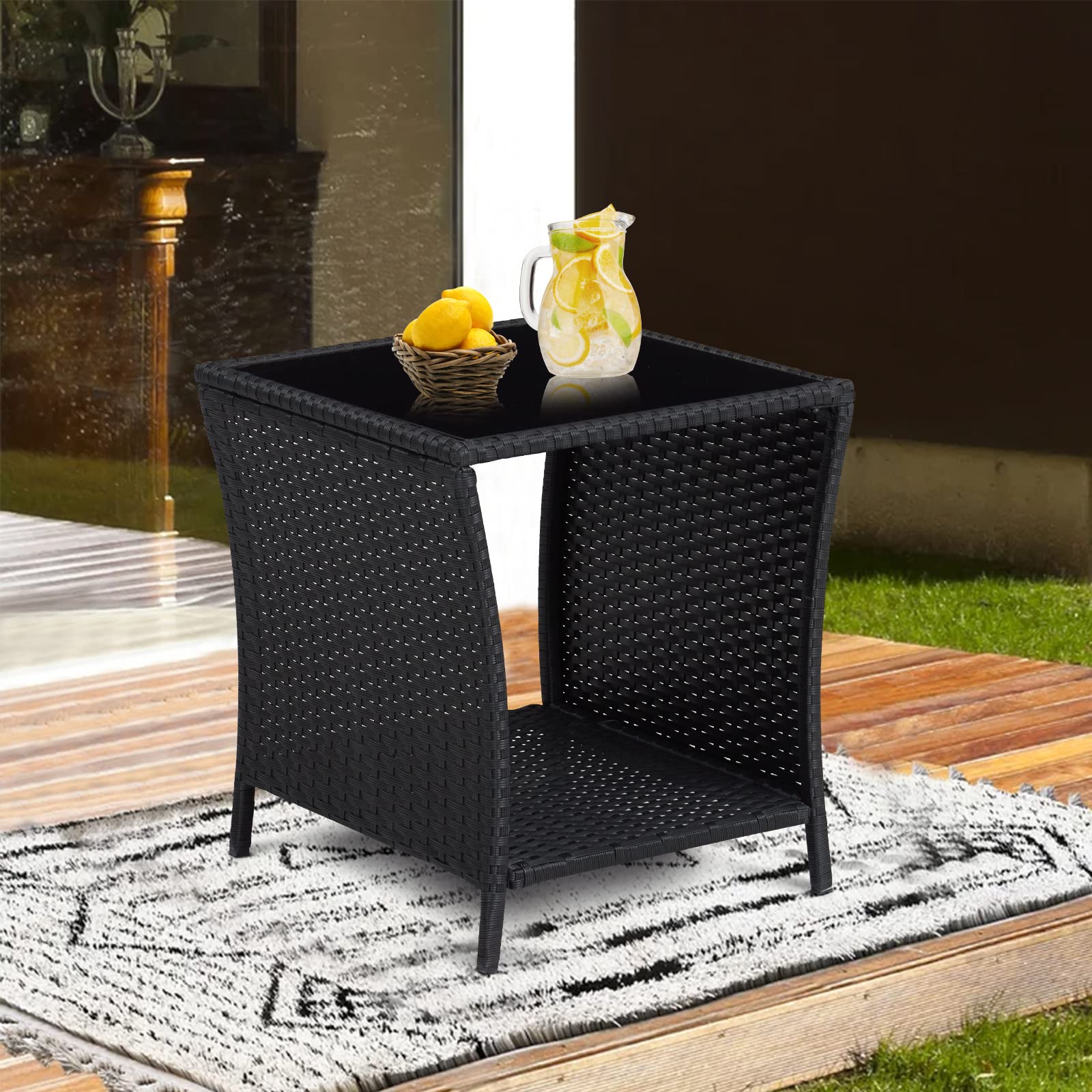 Black Wicker Rattan Side Table with Glass Top - Outdoor Patio Garden Furniture