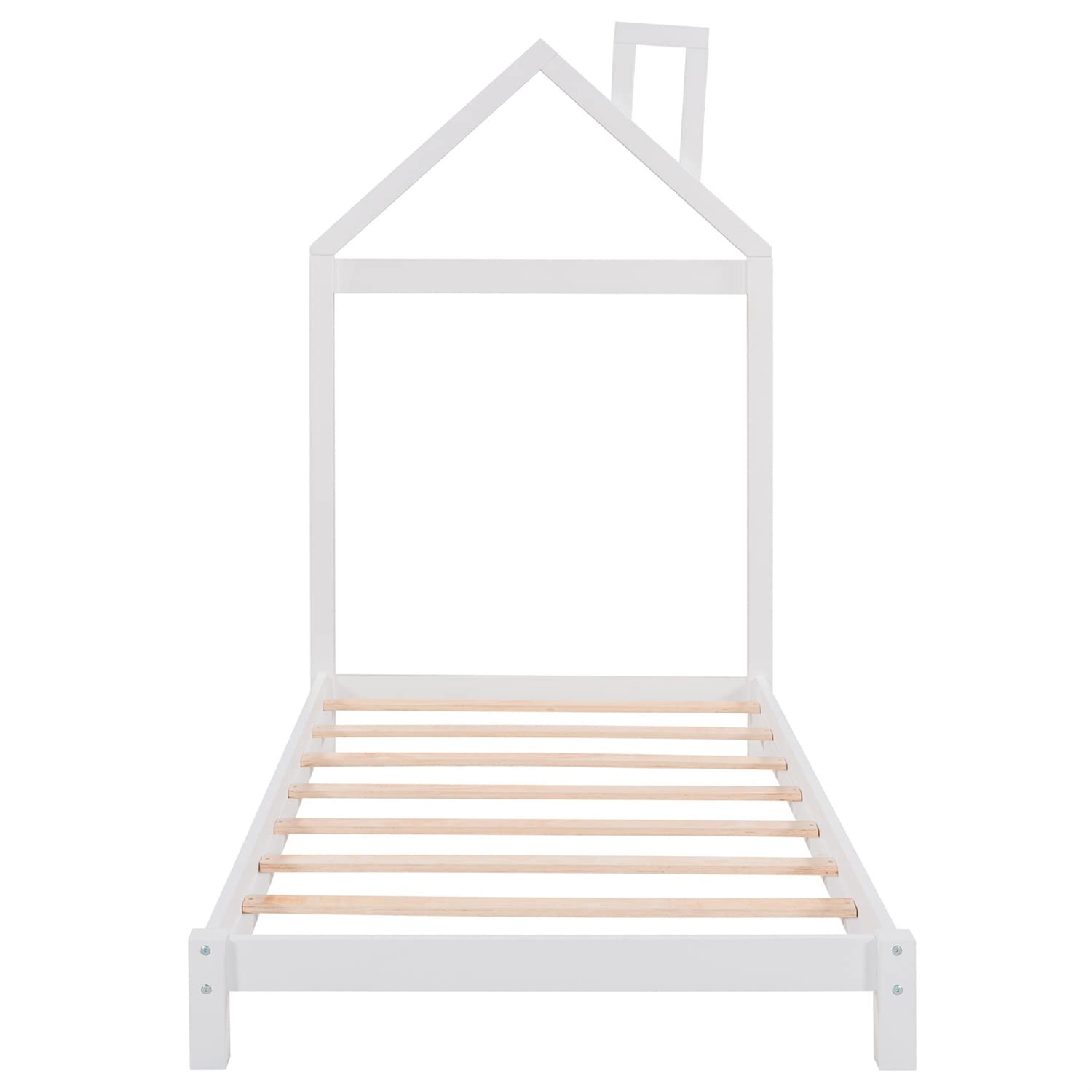 Twin Size White Platform Bed with House Shape Headboard - Low Profile Wooden Slat Support Bed Frame for Kids, Boys, Girls & Juniors - Perfect for Bedrooms, Dorms & Playrooms