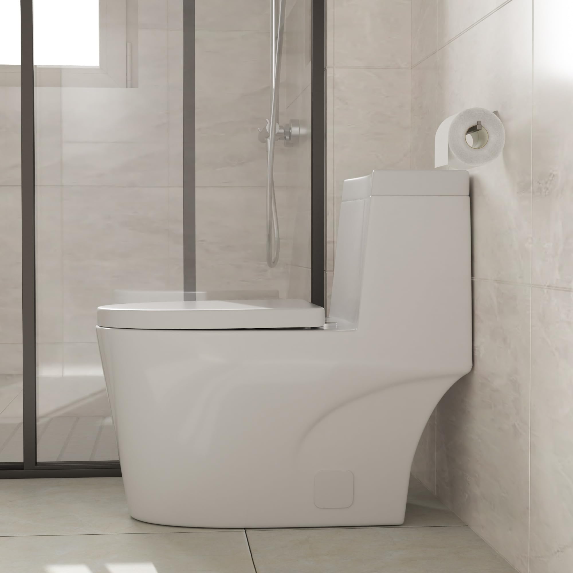 Modern One-Piece White Ceramic Toilet - Comfort Height, Dual Flush (0.93/1.28 GPF), Elongated Round Bowl with Soft Close Seat, 12