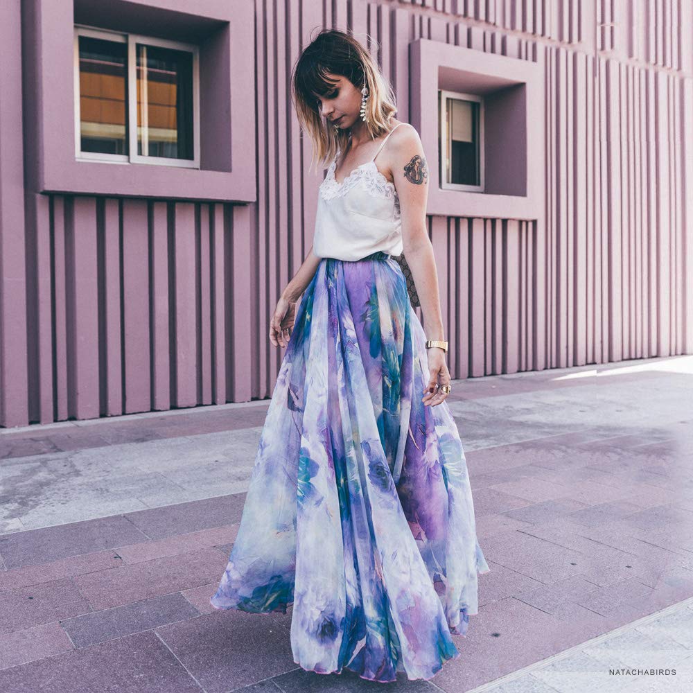 CHICWISH Women's Floral Watercolor Maxi Skirt - Flowy Chiffon Slip Dress with Elegant Flower Print | Perfect for Summer Beach, Boho Outfits & Casual Date Nights